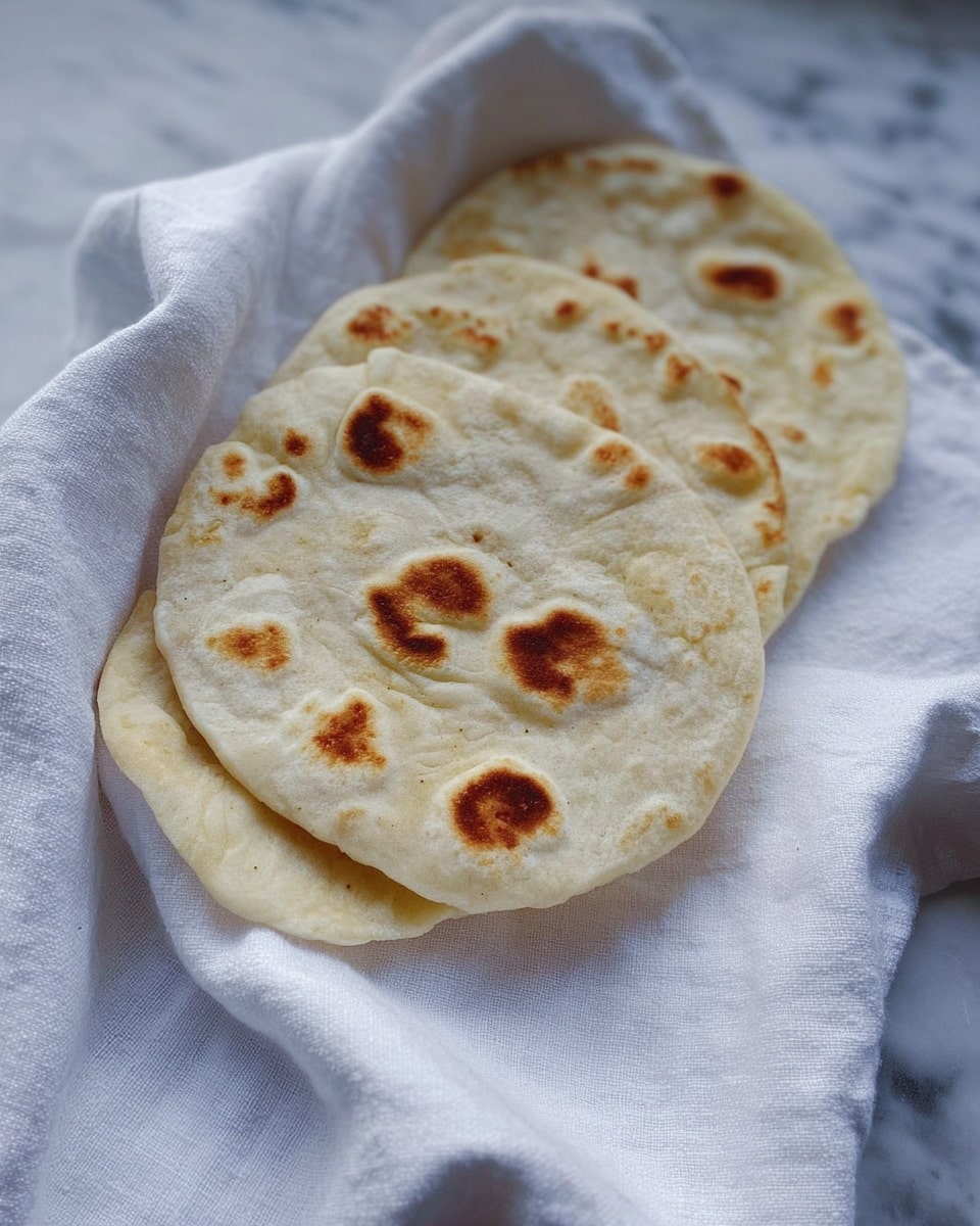 Three round pieces of flatbread with uneven brown spots are stacked slightly overlapping on a white cloth with soft folds. The flatbread looks soft with a light golden texture and some puffiness. The background shows a white marbled texture. photo taken with an iphone --ar 4:5 --v 7