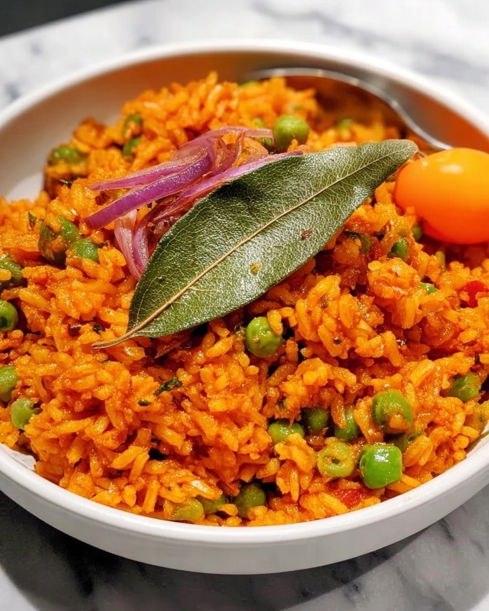 A close-up of a white bowl filled with a bright orange rice dish mixed with small green peas and thin slices of purple onions, topped with a green bay leaf and a small orange pepper placed on the side of the bowl. The rice looks moist with visible grains, and the bowl is placed on a white marbled surface. photo taken with an iphone --ar 4:5 --v 7