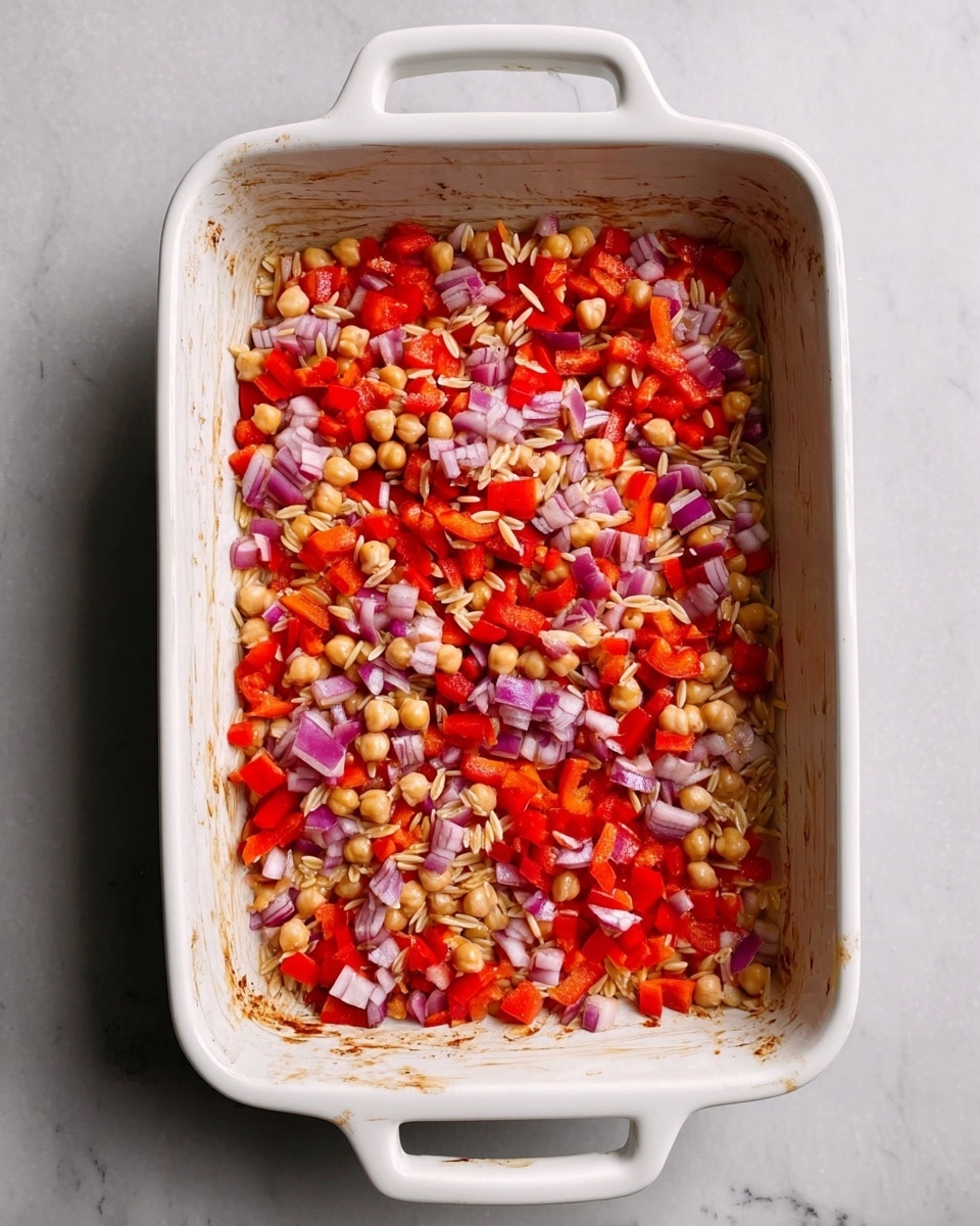 A white rectangular baking dish filled with a mixture of chopped red bell peppers, diced red onions, beige chickpeas, and small rice-like orzo pasta scattered evenly throughout. The bright red of the peppers contrasts with the pale beige of the chickpeas and the purple tint of the onions, creating a colorful, fresh look. The dish rests on a white marbled surface, with the edges of the dish showing a slightly used look. The top view clearly shows the ingredients spread evenly without any liquid. photo taken with an iphone --ar 4:5 --v 7