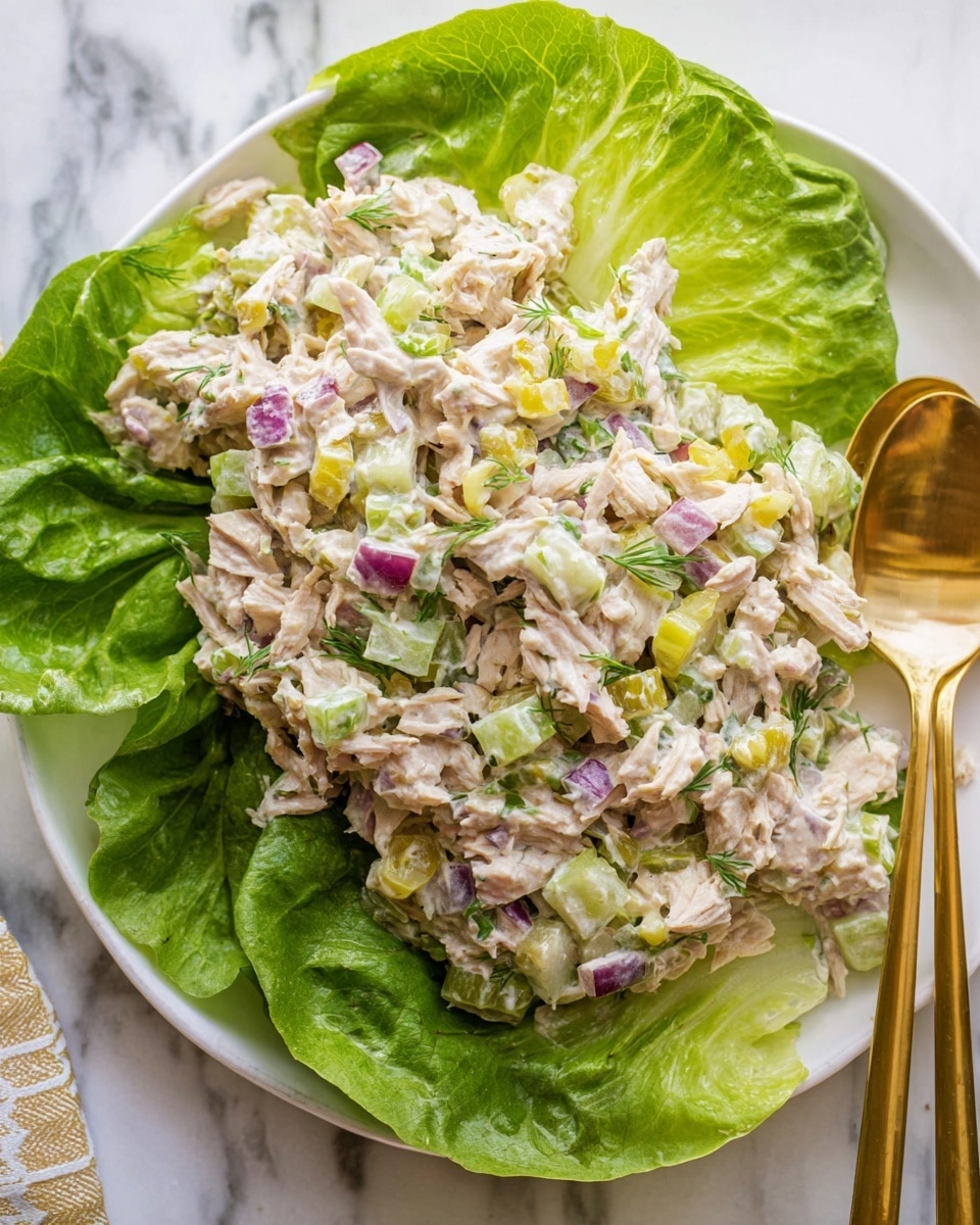 A white plate holds a fresh chicken salad served on a bed of large green lettuce leaves at the bottom layer. The salad mixture on top is colorful, made of small pieces of white shredded chicken mixed with tiny green celery chunks, diced purple onions, and small bits of yellow pickles. The salad looks creamy and slightly thick, mixed well with some dressing. A golden spoon and fork rest on the right side of the plate partially on the salad. The background is a white marbled surface. photo taken with an iphone --ar 4:5 --v 7