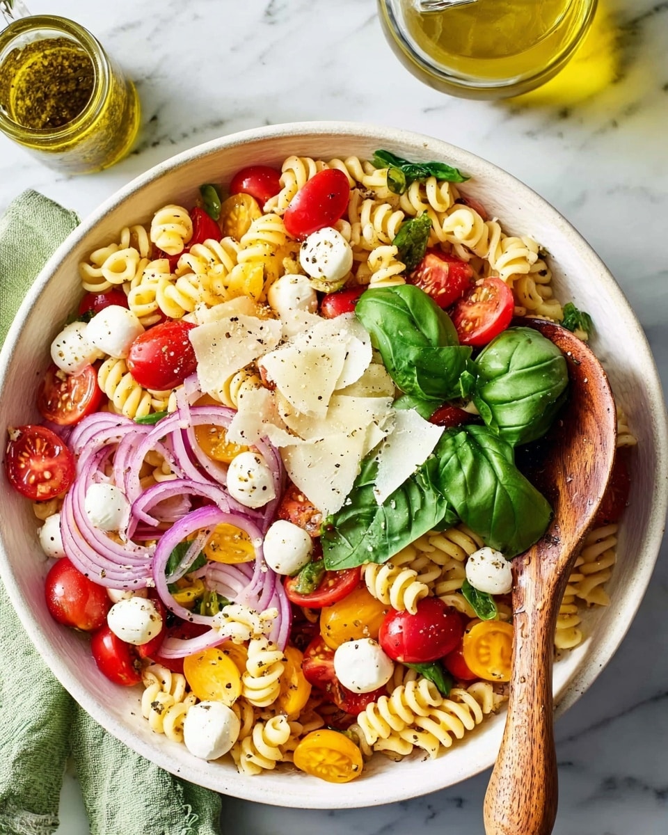 The dish is a pasta salad in a white bowl, filled with three layers of colorful ingredients. The first layer consists of pale yellow twisted pasta spirals spread evenly across the bowl. The second layer has halved red and yellow cherry tomatoes scattered over the pasta, mixed with small white balls of fresh mozzarella. Thin slices of red onion are placed around, adding a subtle purple color. The top layer includes large, fresh green basil leaves and shavings of white cheese, all sprinkled with cracked black pepper. A wooden spoon rests diagonally on the bowl, all set on a white marbled surface, with a glass bottle of olive oil nearby. Photo taken with an iphone --ar 4:5 --v 7