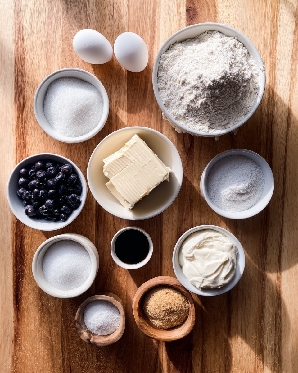A top-down view of a wooden table holding several small white bowls each filled with different baking ingredients arranged in a scattered layout. At the top right, a large white bowl is full of fine white flour with a slightly uneven surface. To the upper left, two whole white eggs rest directly on the table. Below the eggs, a medium white bowl holds granulated white sugar. To the bottom left, a small white bowl contains white powder. Below it, a tiny black bowl holds a small amount of salt. Next to salt, a white bowl is filled with fresh dark blueberries. In the center, a large white bowl is stacked with creamy off-white butter or margarine showing smooth and soft texture. Below the butter bowl, there's a small white bowl filled with light brown sugar with a gritty texture. To the right, a small wooden bowl contains baking soda or powder with a fine white powder. Below, another small white bowl holds thick white cream cheese or yogurt. The last white bowl, near the bottom right, contains a dark brown liquid, likely vanilla extract. The table has a natural wood grain showing warm tones and the scene is brightly lit implying natural daylight; photo taken with an iphone --ar 4:5 --v 7