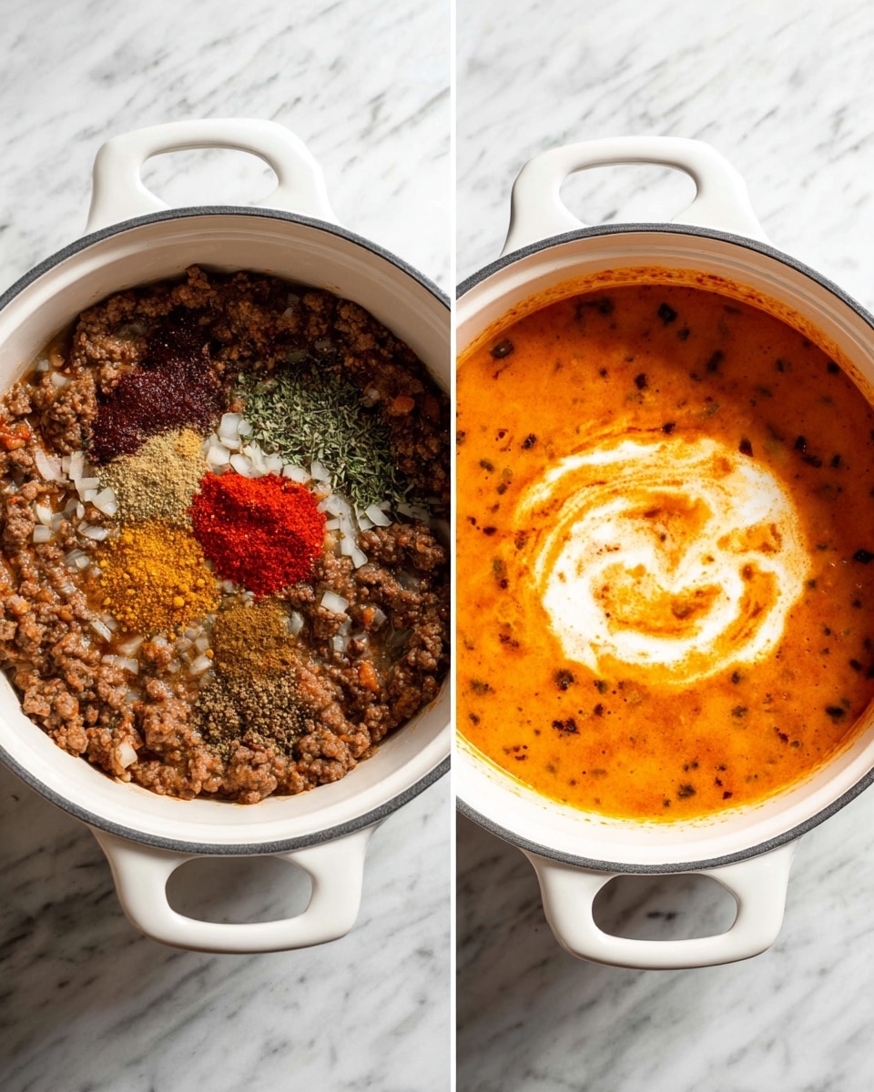 The image shows two white pots on a white marbled surface. The left pot contains cooked ground meat mixed with finely chopped onions and several spices on top in different colors: dark red, greenish, mustard yellow, and brown, along with a dollop of bright red paste. The right pot has a smooth, thick sauce with an orange color, speckled with black herbs, and a swirl of white cream in the center, creating a marbled effect in the sauce. Both pots are round with handles, and the photo is taken from above. photo taken with an iphone --ar 4:5 --v 7