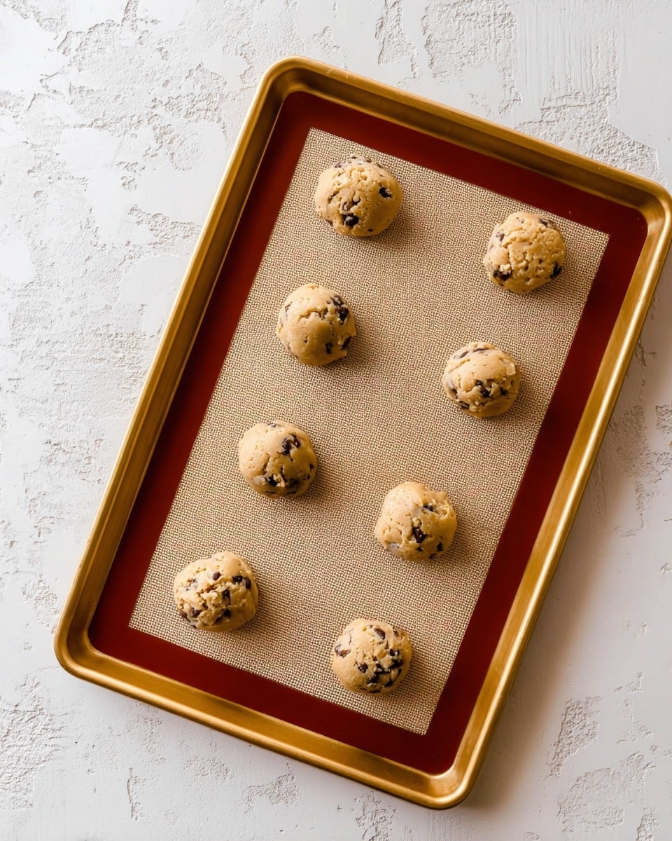The image shows a baking tray with a beige silicone mat inside. On the mat, there are eight round balls of cookie dough spaced evenly apart. The dough balls are light brown with visible small dark chocolate chips and lighter nut pieces embedded in them. The baking tray has a golden metal frame, and the whole setup is placed on a white marbled textured surface. photo taken with an iphone --ar 4:5 --v 7