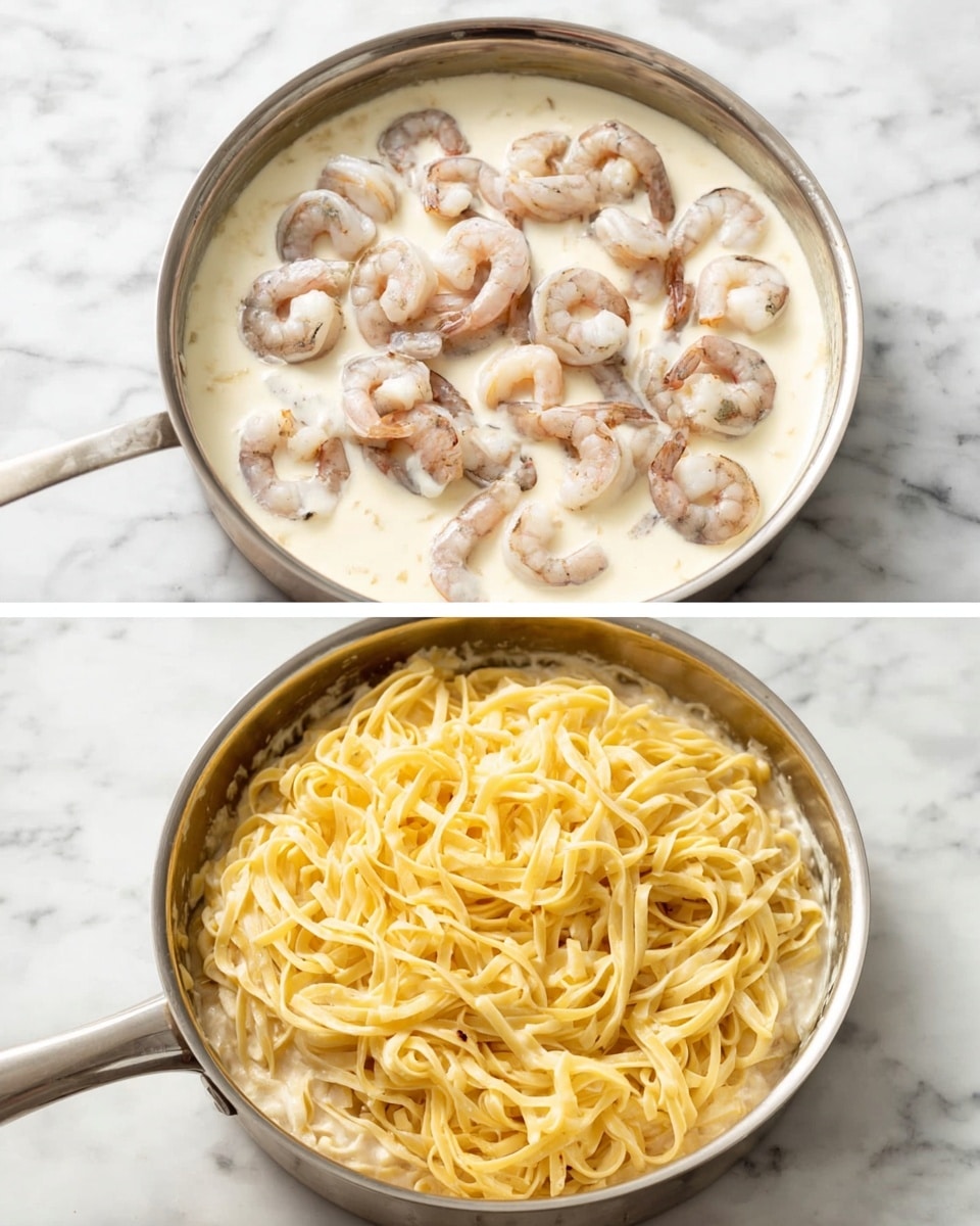 There is a metal pan on a white marbled surface. The pan has two layers: the bottom layer is thick white creamy sauce, and the top layer is raw shrimp with a pinkish-grey color arranged evenly over the sauce. In the second image, the same pan shows two layers: the bottom layer is the same white creamy sauce with shrimp partially visible, and the top layer is a large amount of yellowish cooked pasta placed in a tangled pile in the center of the pan. photo taken with an iphone --ar 4:5 --v 7