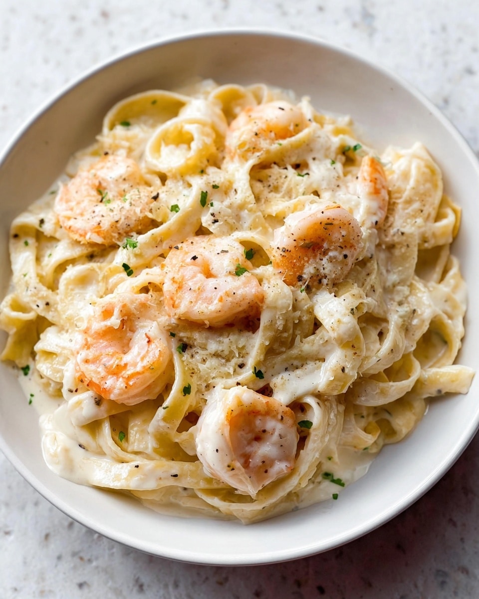 A white bowl filled with thick, flat fettuccine pasta coated in a creamy white sauce. Mixed throughout the pasta are several pink-orange shrimp with a slight shine, adding color contrast. The dish is lightly sprinkled with small green herbs and black pepper bits. The creamy sauce looks smooth and slightly textured, giving the pasta a rich look. The bowl sits on a white marbled surface. Photo taken with an iphone --ar 4:5 --v 7