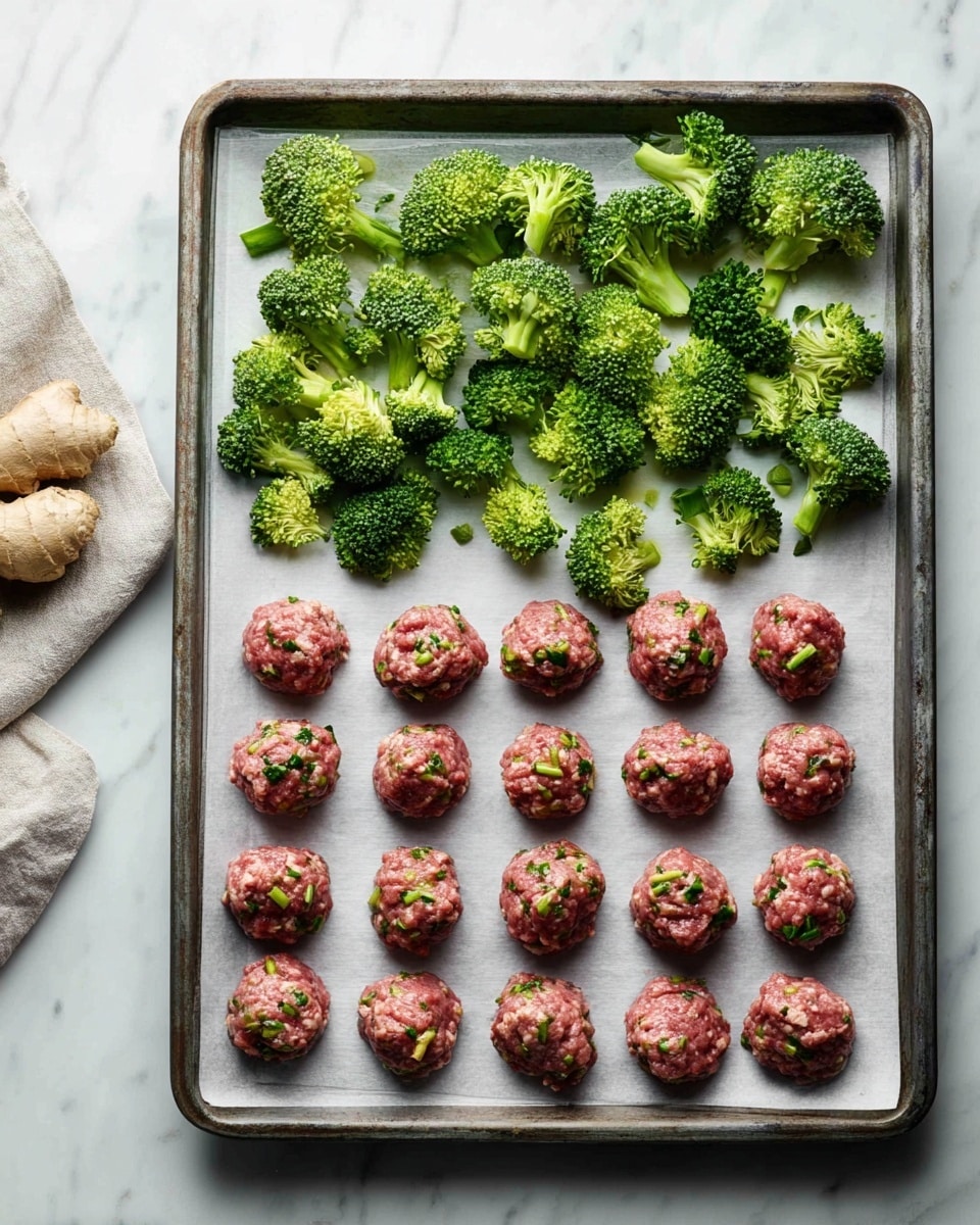 A baking tray lined with white parchment paper is placed on a white marbled surface. The tray holds two main groups of food: on the top half, there are fresh green broccoli florets scattered loosely, showing a vibrant green color and detailed texture. On the bottom half, there are three rows of round raw meatballs with visible pieces of green herbs mixed inside, each meatball evenly spaced and showing a reddish-pink color with a slightly rough texture. On the left side of the surface, a piece of ginger root is partially visible with a beige and slightly rough texture. photo taken with an iphone --ar 4:5 --v 7