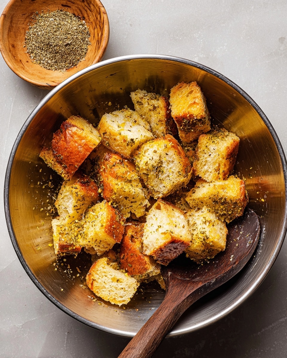 A shiny metal bowl holds about a dozen medium-sized pieces of golden brown bread, each piece coated lightly with greenish herbs and some yellowish seasoning, giving a textured look. The bread pieces are uneven in shape, showing soft, fluffy, and slightly cracked interiors with crispy crusts. Inside the bowl, a dark wooden spoon with a smooth texture rests, slightly stained from use. In the top left corner, a small wooden bowl contains more dry herbs and seasoning. The whole scene is set on a white marbled surface with soft lighting that highlights the textures and colors clearly. Photo taken with an iphone --ar 4:5 --v 7