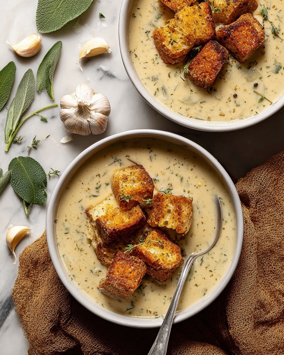 Two white bowls filled with creamy light beige soup that has green herb specks mixed inside. On top, there are six golden-brown toasted bread chunks with a coarse, seasoned crust, arranged close together in the center of each bowl. A silver spoon rests inside the bottom bowl, partially submerged in the soup, with some soup covering the bread near the spoon. The bowls sit on a white marbled surface with scattered garlic cloves and fresh sage leaves around them, along with a textured brown cloth on the right side. The lighting is soft and bright, highlighting the textures of the soup and toasted bread. Photo taken with an iphone --ar 4:5 --v 7