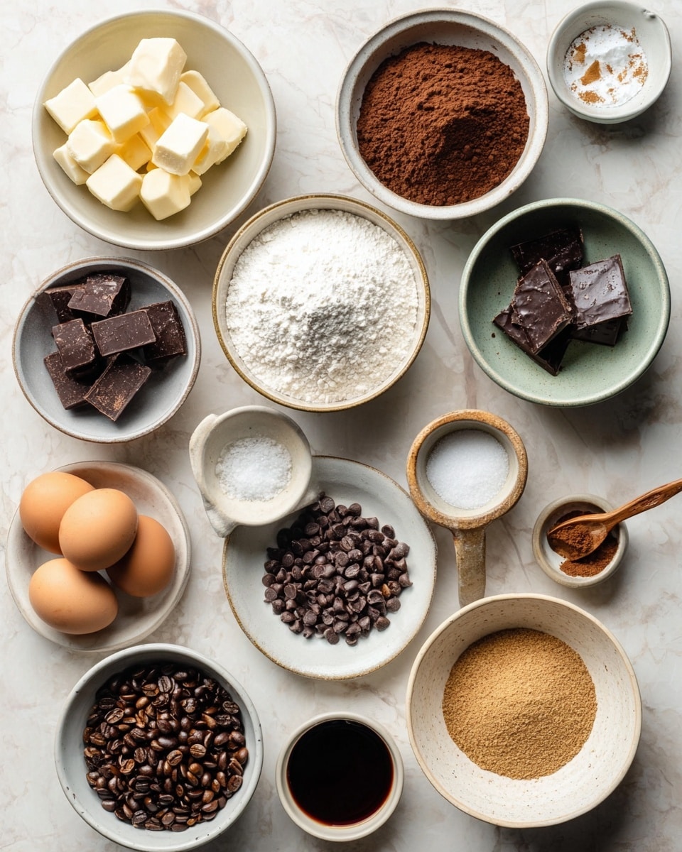The image shows a flat lay of baking ingredients arranged neatly on a white marbled surface. There are eleven small white bowls and plates placed closely, each containing different items: a bowl with dark brown soft cubes of butter, a bowl filled with white flour, a bowl full of dark brown sugar, a bowl of granulated white sugar with a small wooden scoop inside, two brown eggs in a small plate, dark chocolate squares on a small plate, a bowl full of dark brown chocolate chips, a small amount of dark liquid in a tiny bowl, a bowl with several mixed brown spices placed in the center like a small pile, a small plate filled with dark roasted coffee beans, and finally a bowl of light brown powder with a small wooden spoon placed inside. The lighting is bright and natural, highlighting the textures and colors of the ingredients clearly. photo taken with an iphone --ar 4:5 --v 7