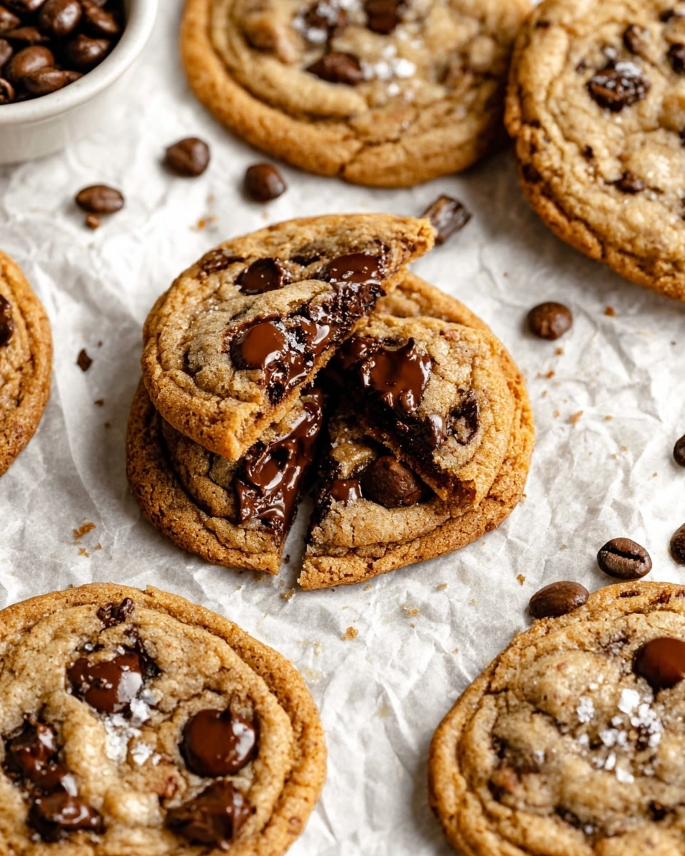 The image shows several golden brown chocolate chip cookies spread on wrinkled white parchment paper over a white marbled surface. In the center, one cookie is broken in half and stacked, revealing a rich, melted chocolate interior with dark brown chocolate chips embedded inside. The cookie texture is slightly crispy on the edges with a soft, gooey middle. Scattered coffee beans and a white bowl with more beans can be seen to the left. The overall look is warm and inviting with a focus on the gooey chocolate filling. photo taken with an iphone --ar 4:5 --v 7