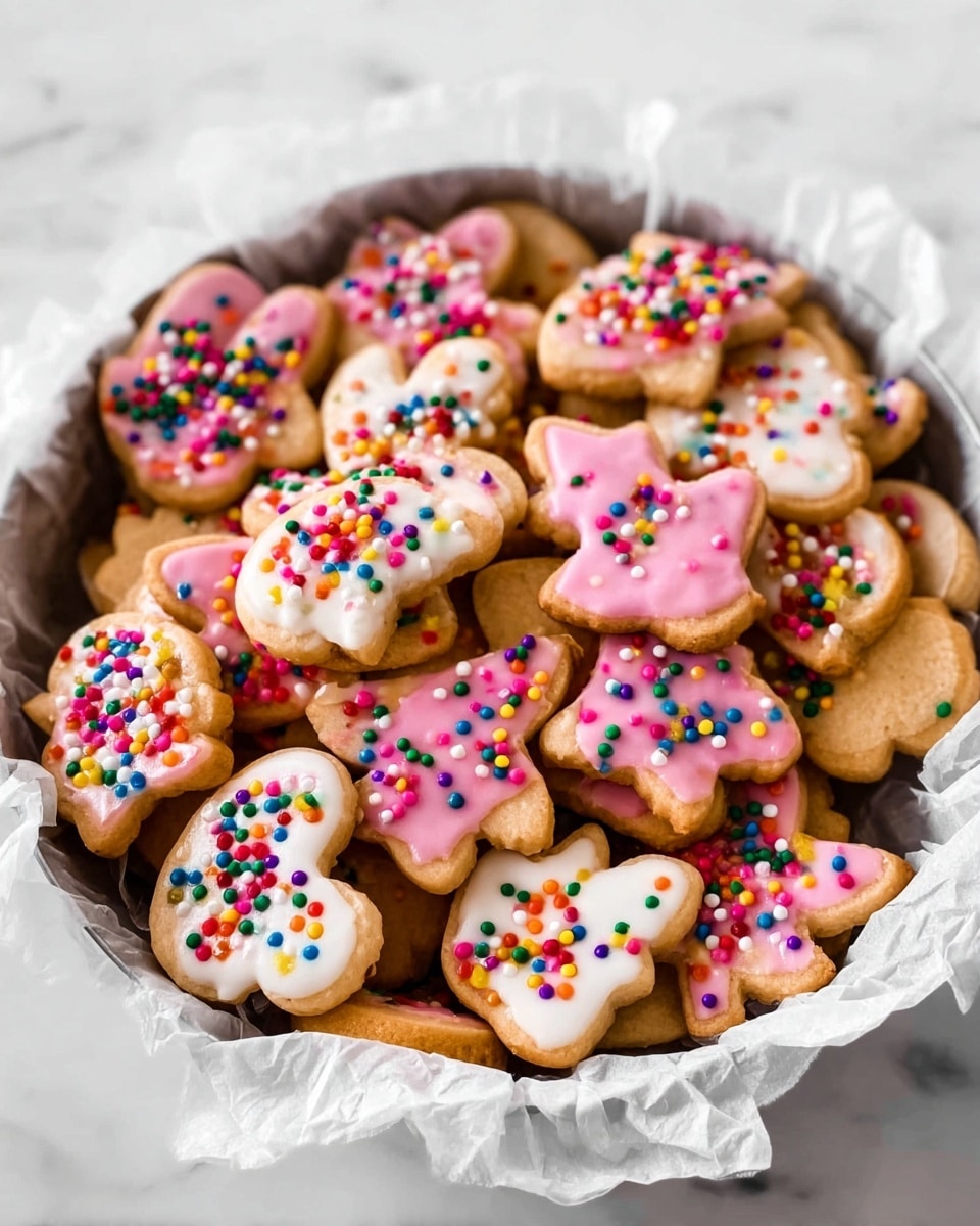 A round white metal tray lined with crumpled white parchment paper holds many small cookies. Each cookie is shaped like animals and leaves, with a light brown base. Most cookies have a thin layer of pink or white icing on top, smooth and shiny. On the icing, there are tiny round colorful sprinkles in red, green, yellow, blue, orange, purple, and white, spread evenly over each cookie. The cookies are stacked casually, filling the whole tray. The background is a white marbled texture. photo taken with an iphone --ar 4:5 --v 7