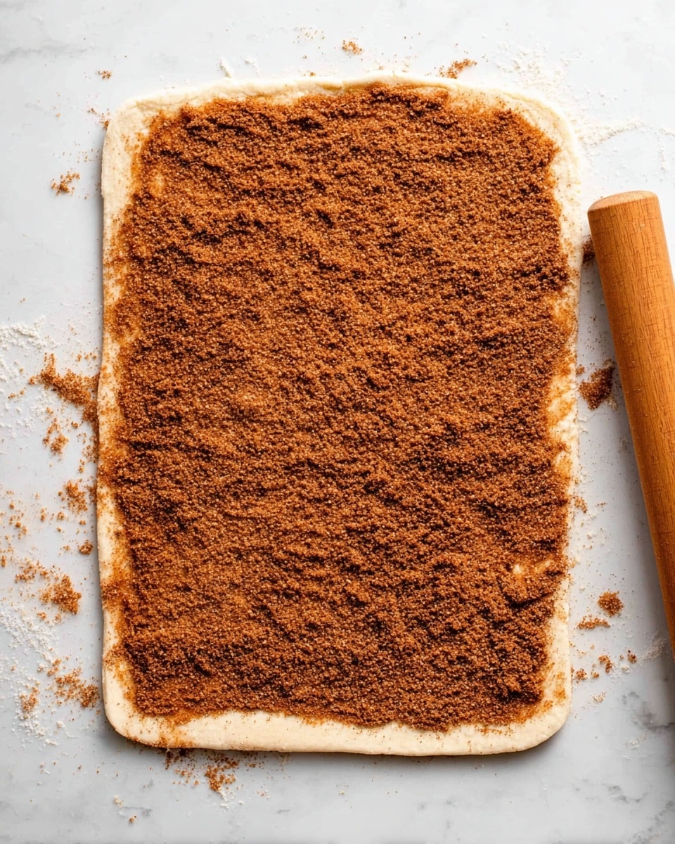 A flat, rectangular piece of dough is laid out on a white marbled surface, covered evenly with a thick layer of brown cinnamon sugar mix that has a grainy and slightly crumbly texture. The edges of the dough are visible, showing a smooth, pale cream color. To the right side, there is a wooden rolling pin resting on the surface. Small bits of cinnamon sugar mix are scattered lightly around the dough on the marbled surface. Photo taken with an iphone --ar 4:5 --v 7