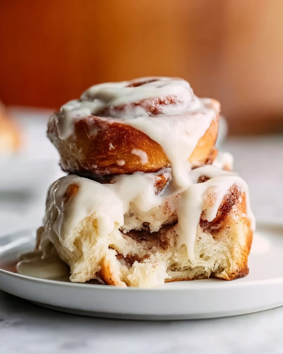 The image shows a close-up of two cinnamon rolls stacked on a white plate, placed on a white marbled surface. The bottom cinnamon roll is thick and soft with visible layers of dough and cinnamon, covered generously with creamy white icing that drips down the sides. The top cinnamon roll is smaller, round, and brown, also covered with a thick layer of shiny white icing. The background is blurred with warm tones, highlighting the texture of the rolls and the smooth icing. Photo taken with an iphone --ar 4:5 --v 7