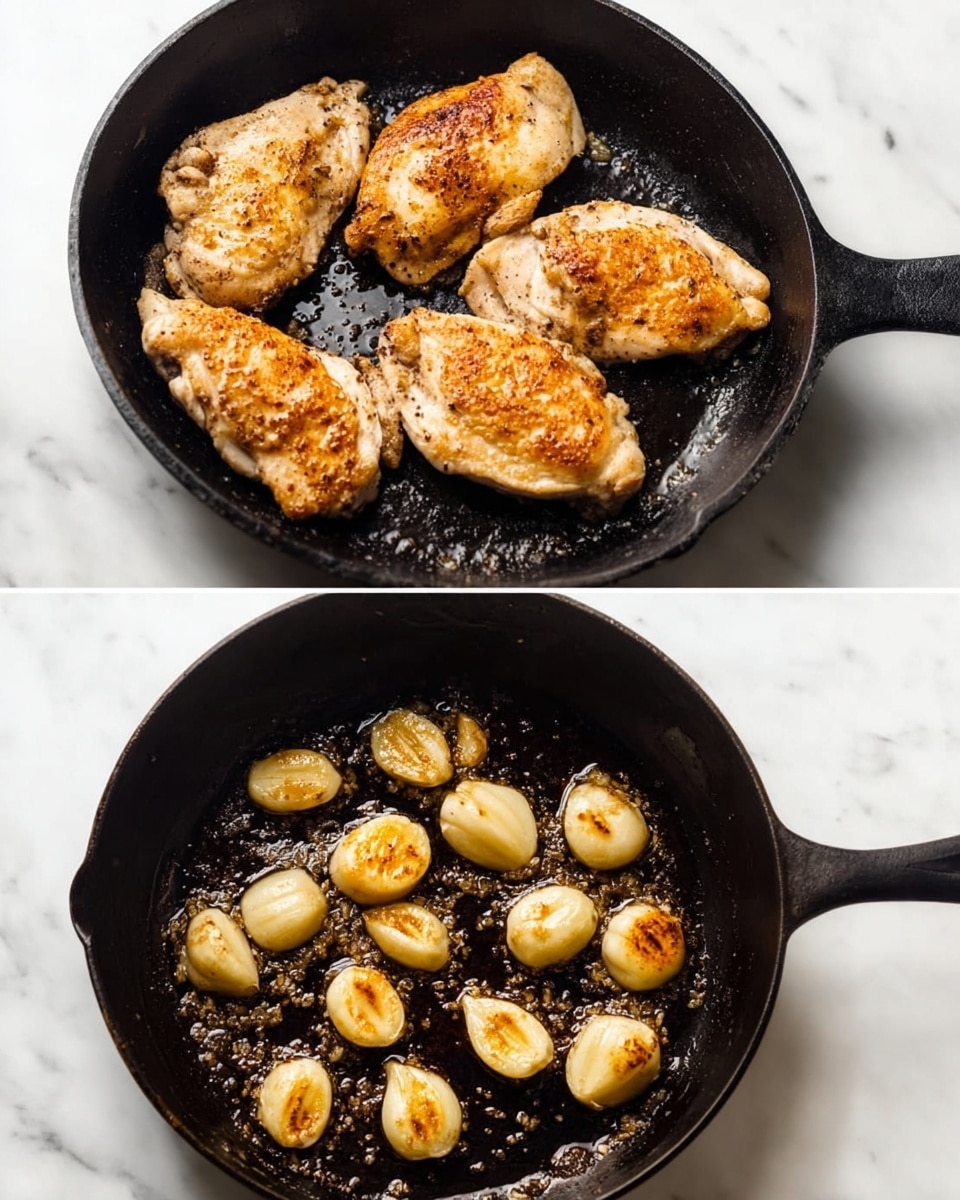 The image shows two black cast iron pans on a white marbled surface. The pan on the left holds four cooked chicken pieces with a light golden-brown color and some seasoning visible on the surface, arranged to fill the pan. The pan on the right contains several golden-brown garlic cloves frying in oil, scattered evenly, and glistening with a slightly oily texture. Both pans have a rustic look and a simple background. Photo taken with an iphone --ar 4:5 --v 7