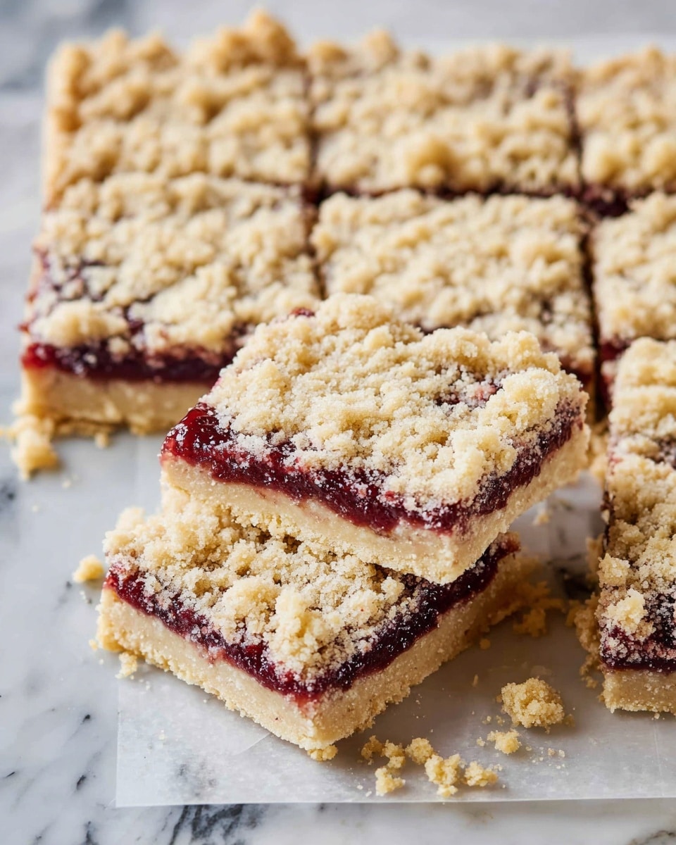 The image shows a tray with square-shaped crumb bars stacked in two layers. The bottom layer is pale golden, firm, and crumbly, forming a thick base. The middle layer is a dark red jam, smooth and slightly glossy, evenly spread over the base. The top layer is a lighter crumbly mix, scattered generously and lumpy, covering the jam completely but letting the red layer peek through in places. The bars are cut neatly into even squares with some crumbs scattered on the white marbled surface beneath the tray. Photo taken with an iphone --ar 4:5 --v 7