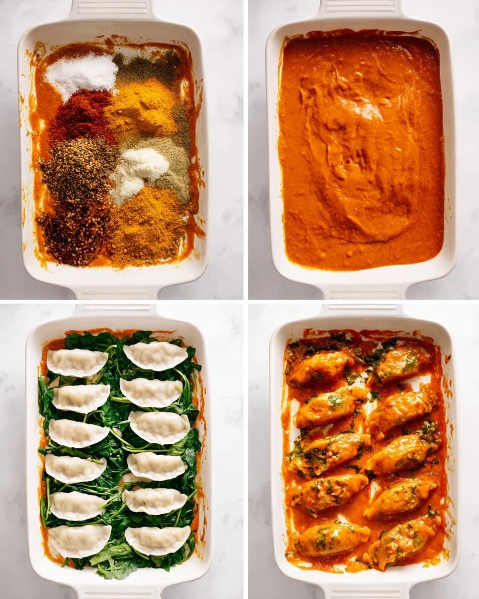 The image shows a four-step process of making a dish in a white rectangular baking dish set on a white marbled surface. In the first frame, several dry spices and paste are layered separately on the bottom of the dish, with yellow, brown, red, and white colors visible, forming a rough cluster at the dish center. The second frame shows the spices mixed into a smooth, thick orange-red sauce spread evenly to cover the dish base. The third frame includes a new layer with fresh green spinach scattered on the sauce, topped by two neat rows of white uncooked dumplings or potstickers, all arranged close but not touching. The fourth frame shows the dumplings cooked and coated in the orange sauce, now glossy and thick, mixed with wilted spinach visible between the dumplings within the dish. photo taken with an iphone --ar 4:5 --v 7