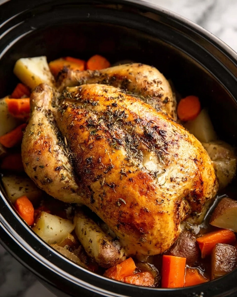 The image shows a roasted whole chicken in a black slow cooker on a white marbled surface. The chicken has a golden-brown crispy skin with a mix of herbs sprinkled on top. Surrounding the chicken are chunky pieces of cooked carrots, celery, and potatoes, all softened and slightly browned. The chicken takes up the center, with the vegetables filling the space around it evenly. The overall look is warm and inviting, with rich earthy tones from the vegetables complementing the golden bird. photo taken with an iphone --ar 4:5 --v 7