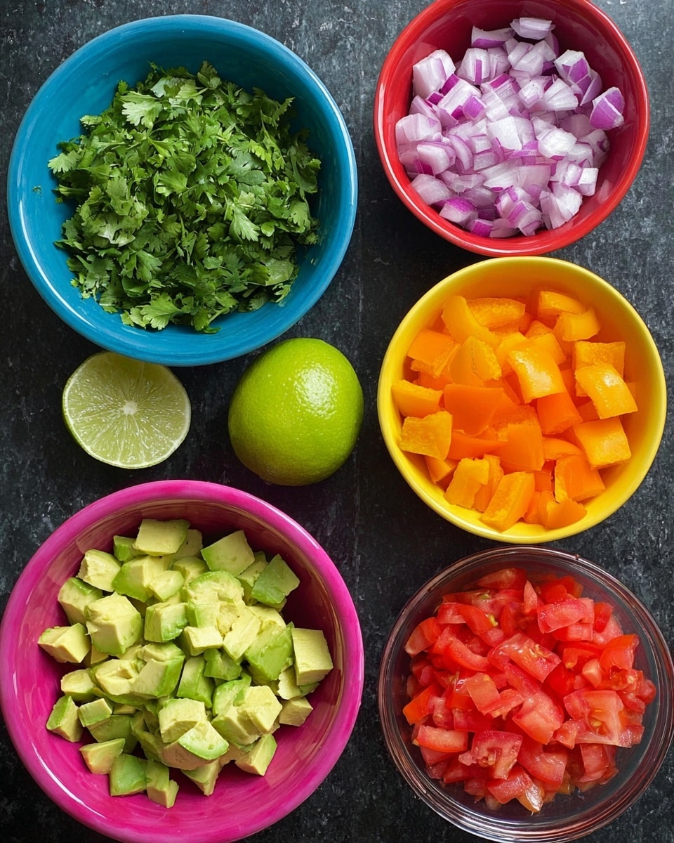 The image shows five bowls of chopped ingredients arranged in a neat cluster on a dark surface. At the center bottom, there is a pink bowl filled with diced avocado pieces, light green with a soft texture. Above it to the left is a blue bowl holding chopped fresh cilantro leaves, deep green and leafy. Next to the blue bowl on the left side is a whole bright green lime with a smooth, shiny skin. Further left and up is a yellow bowl filled with diced orange bell peppers, bright and smooth. At the top right is a red bowl filled with chopped red onions, white and purple in color with a crisp texture. Below the red bowl, a clear glass bowl holds chopped tomatoes, red and juicy with visible seeds. The overall background has been changed to a white marbled surface. Photo taken with an iphone --ar 4:5 --v 7