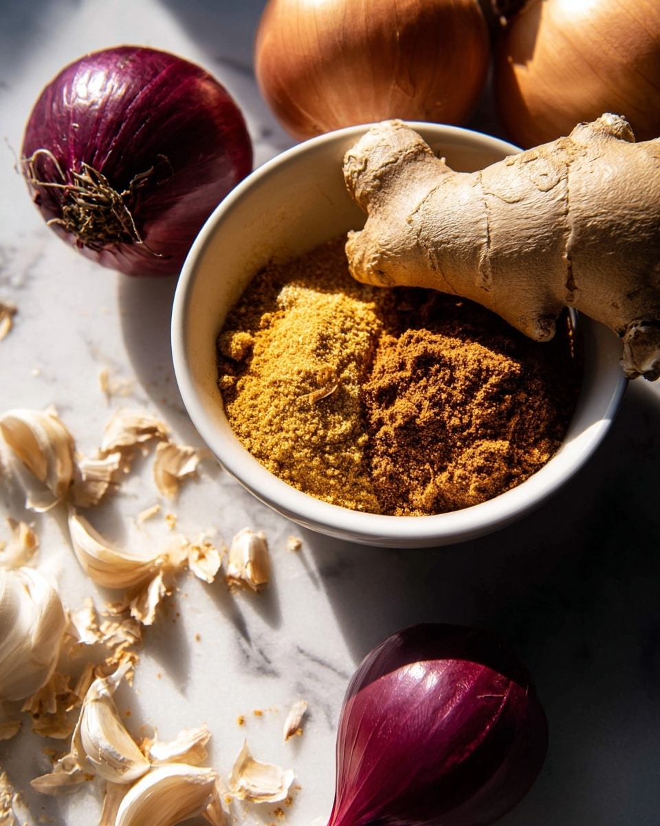A white bowl holds two layers of spices inside: a yellowish layer on the left and a darker brown layer on the right, both with a crumbly texture. Resting on top of the spices is a large piece of light brown ginger root with a rough surface. Surrounding the bowl on a white marbled surface are whole onions and garlic cloves in shades of brown, purple, and light tan, with some garlic skin flakes scattered nearby. The light hits the spices and ginger strongly from the left side creating clear shadows and highlights. Photo taken with an iphone --ar 4:5 --v 7