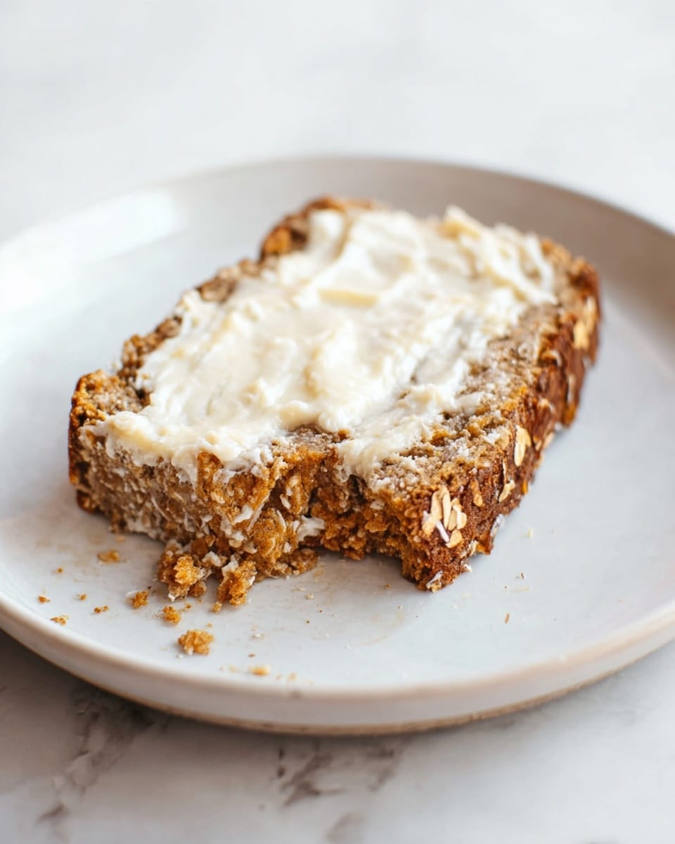 A single slice of oat-topped brown bread with a rough, crumbly texture rests on a white plate. The slice is covered with a creamy white spread unevenly layered on top, giving it a slightly glossy appearance. The edges are darker brown with visible oat flakes embedded in the crust. A bite is taken out at the front left corner, showing the moist and soft inside of the bread, with small crumb pieces around it. The plate sits on a white marbled surface. photo taken with an iphone --ar 4:5 --v 7