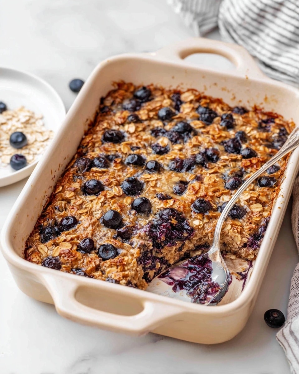 A baked dish in a light beige rectangular ceramic casserole with two handles, filled with a golden brown oat mixture studded with dark purple blueberries throughout. The top layer shows a crunchy oat texture with whole blueberries slightly sunken in, giving a bumpy, textured surface. On the right side, a spoon has scooped out a section, revealing a moist, soft inside with more blueberries and oats. The casserole sits on a white marbled surface next to a white plate with some oats and blueberries and a striped cloth nearby. Photo taken with an iphone --ar 4:5 --v 7