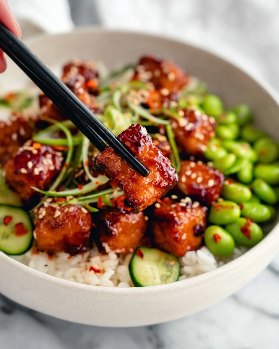 This image shows a close-up of a white bowl filled with three layers: the bottom layer is white rice, the middle layer has bright green edamame beans and cucumber slices, and the top layer features small, dark reddish-brown glazed cubes sprinkled with white sesame seeds and red chili flakes. A woman's hand is holding black chopsticks, picking up one of the glazed cubes, highlighting its shiny, slightly charred texture. The bowl is placed on a white marbled surface. Photo taken with an iphone --ar 4:5 --v 7