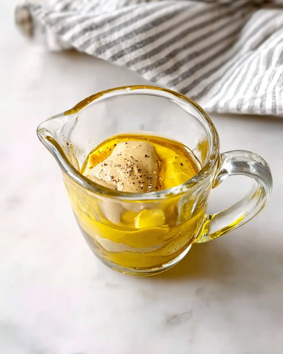 A small clear glass jug with a handle is filled with a mix of smooth yellow olive oil and creamy beige mustard on top. There is a sprinkle of black pepper on the mustard layer. The jug is placed on a white marbled surface with a striped gray and white cloth partially visible in the top left corner. The photo is taken from above, showing the textures and colors in the jug clearly. Photo taken with an iphone --ar 4:5 --v 7