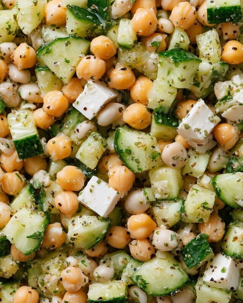 The image shows a close-up of a salad with three main layers mixed together: small orange chickpeas, pale beige beans, and diced green cucumbers with dark green skin and light green inside. Scattered among them are small white cubes of cheese with a smooth texture. The ingredients are coated with a light dressing sprinkled with tiny black pepper pieces and green herbs. The whole mix glistens slightly, showing freshness. The background is a white marbled texture. photo taken with an iphone --ar 4:5 --v 7