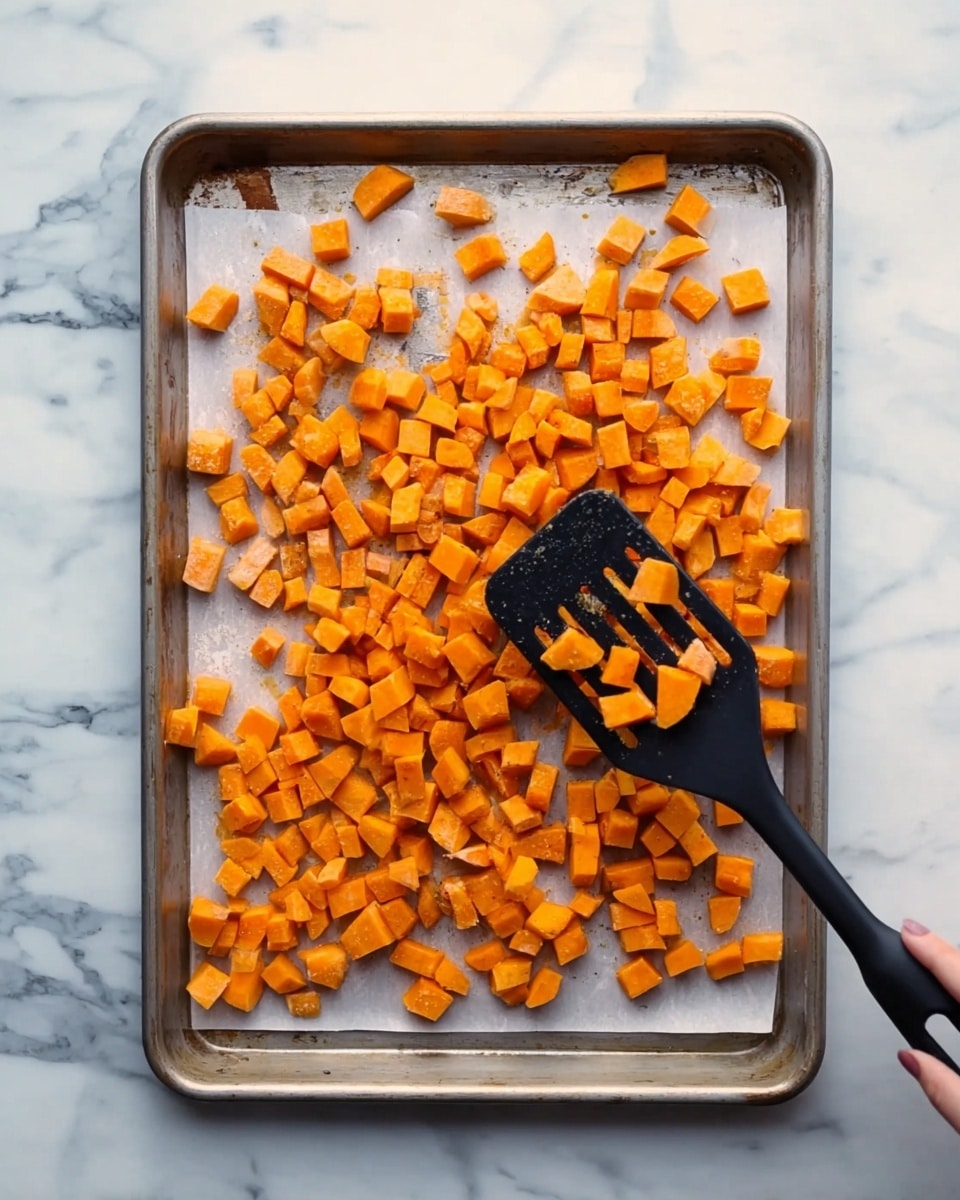 The image shows a metal baking tray lined with white baking paper placed on a white marbled surface. There are many small orange cubes of sweet potato spread out across the tray. A black spatula is in the center, scooping up some of the diced sweet potatoes, held by a woman's hand that is just visible at the bottom right of the image. The diced sweet potatoes have a slightly glossy texture and bright orange color. Photo taken with an iphone --ar 4:5 --v 7