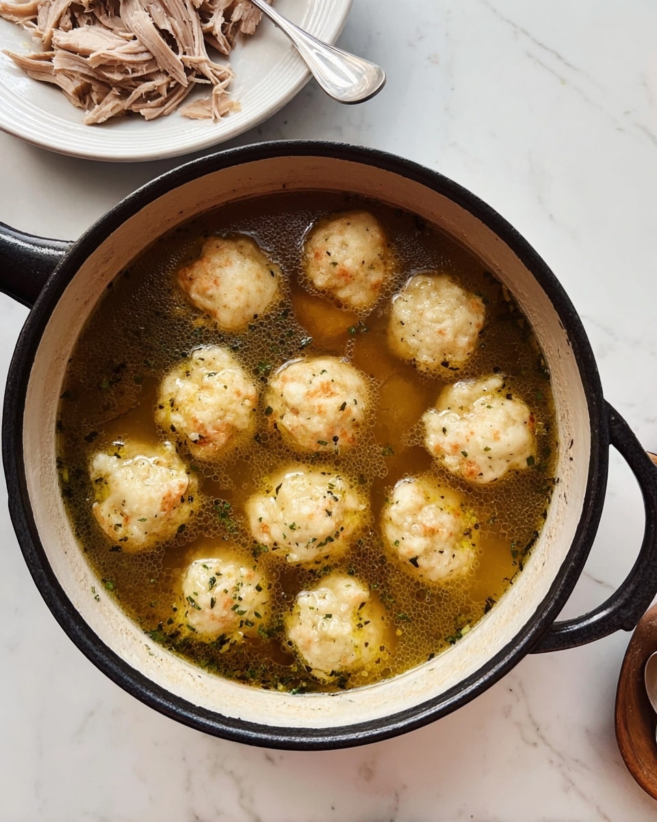 A black and white pot on a white marbled surface holds a warm broth filled with twelve light beige dumplings floating on top. The dumplings are soft and slightly cracked, with small specks of herbs scattered on their rough, uneven surfaces. The broth is clear brown with visible herbs and spices, gently bubbling. Near the pot, a white bowl contains shredded light brown meat with a silver spoon resting inside. A woman's hand holds the handle of the pot. photo taken with an iphone --ar 4:5 --v 7