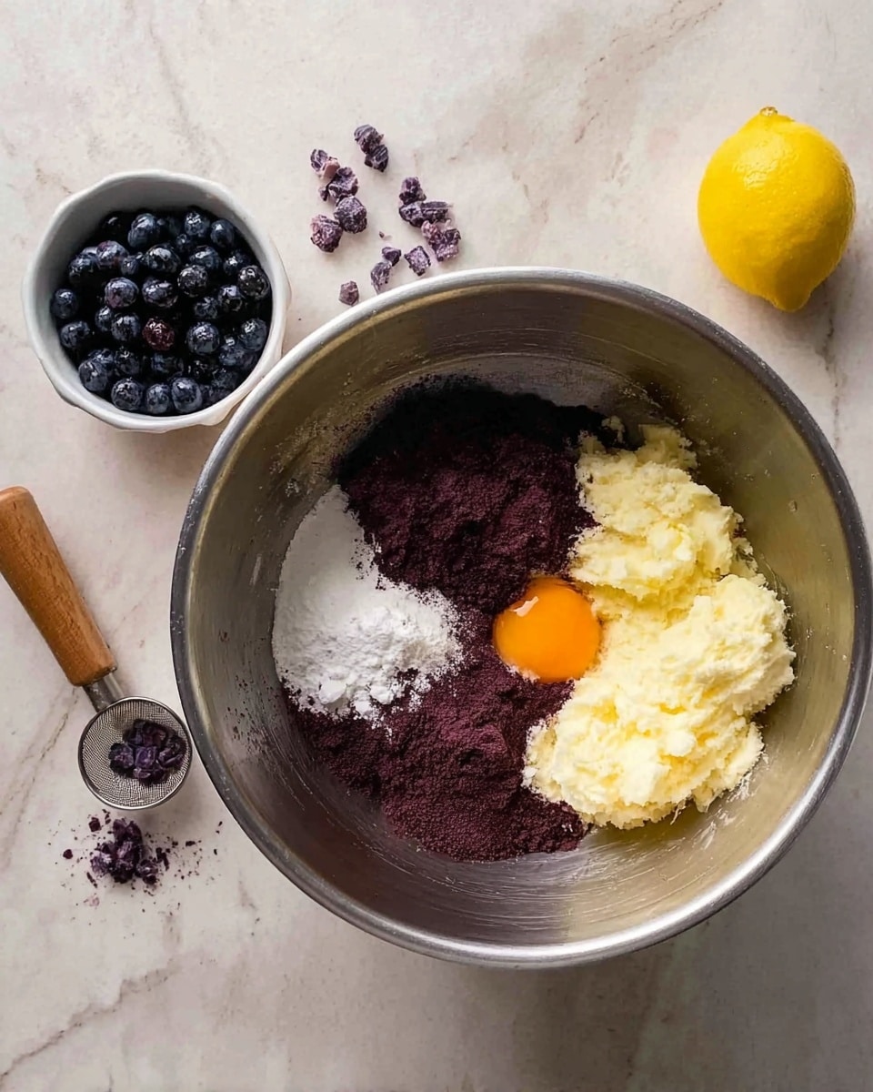A large metal mixing bowl sits on a white marbled surface, holding three layers: white soft creamed butter and sugar at the bottom left, a raw orange egg yolk on the left center, and a pile of dark purple powder on the right side. To the left of the bowl is a small white bowl filled with dark purple blueberries. Nearby on the surface, there is a wooden kitchen tool and half a yellow lemon, and a metal measuring spoon with small purple pieces inside. Photo taken with an iphone --ar 4:5 --v 7