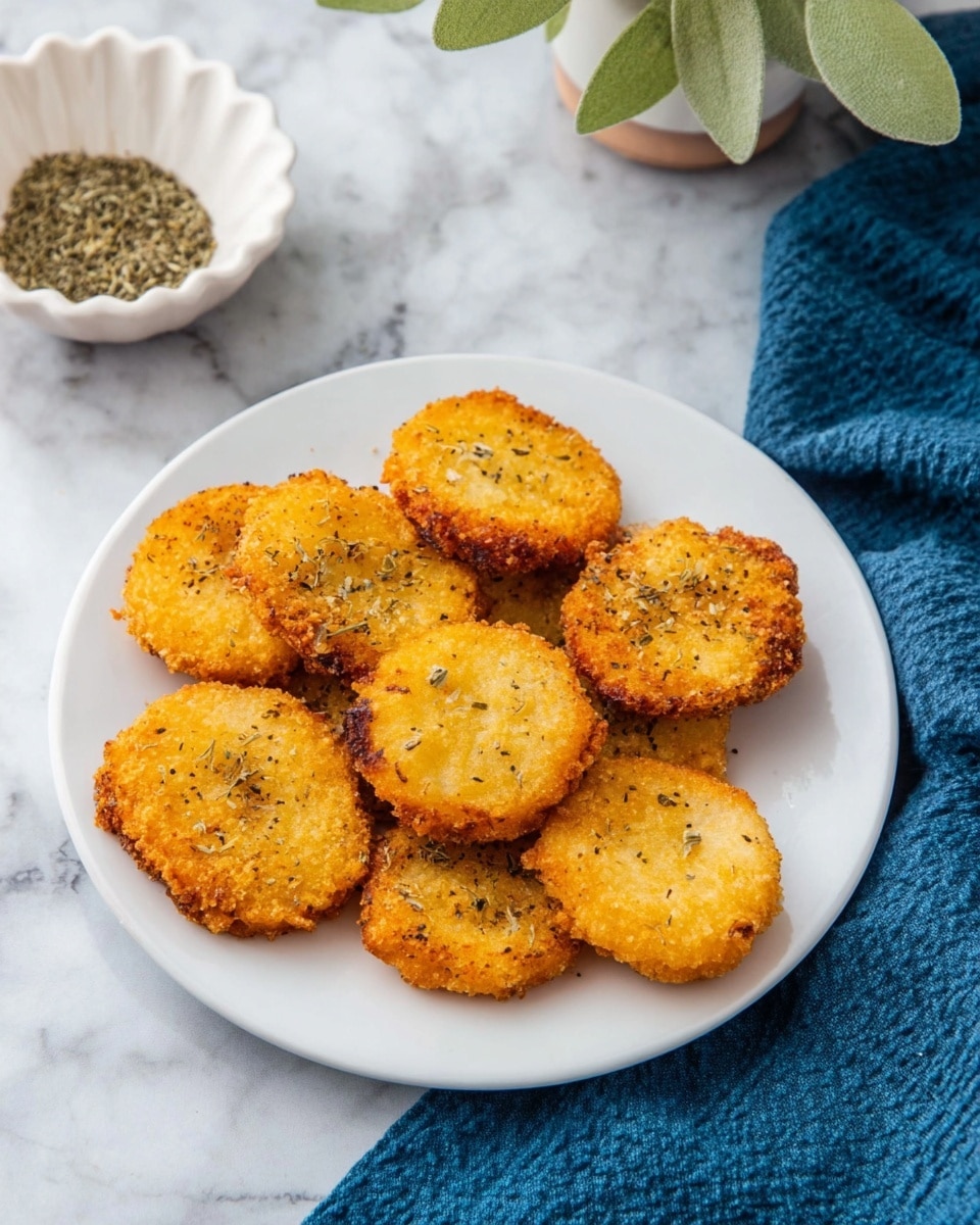 A white round plate holds nine golden brown fried nuggets with a crispy texture and small black specks on their surface. The nuggets are unevenly shaped and layered close together in the center of the plate. In the background, a white scalloped small bowl contains greenish dried herbs, and a small white pot with green leaves is partly visible. The plate and bowl sit on a white marbled surface, and a blue cloth is draped on the lower right corner. Photo taken with an iphone --ar 4:5 --v 7