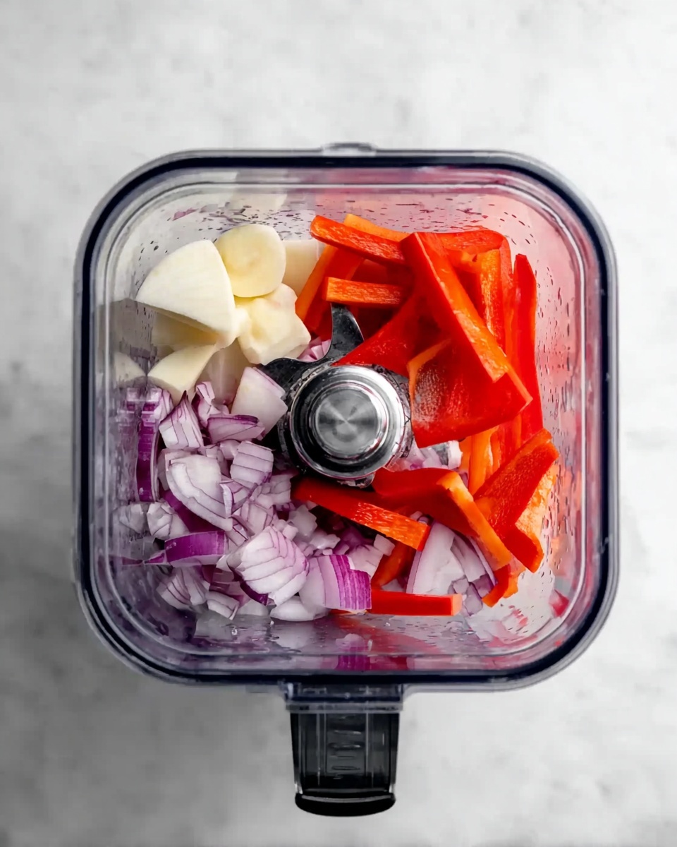The image shows a top view inside a blender jar containing several layers of chopped vegetables. The bottom layer has bright red bell pepper sticks, followed by a few thick slices of white garlic scattered on top. Mixed in evenly are pieces of purple onion with a smooth texture and light white spots from the vegetable layers beneath. The blender blades are visible in the center, shiny and silver, sitting on top of the colorful vegetable layers. The entire blender jar is placed on a white marbled surface. photo taken with an iphone --ar 4:5 --v 7