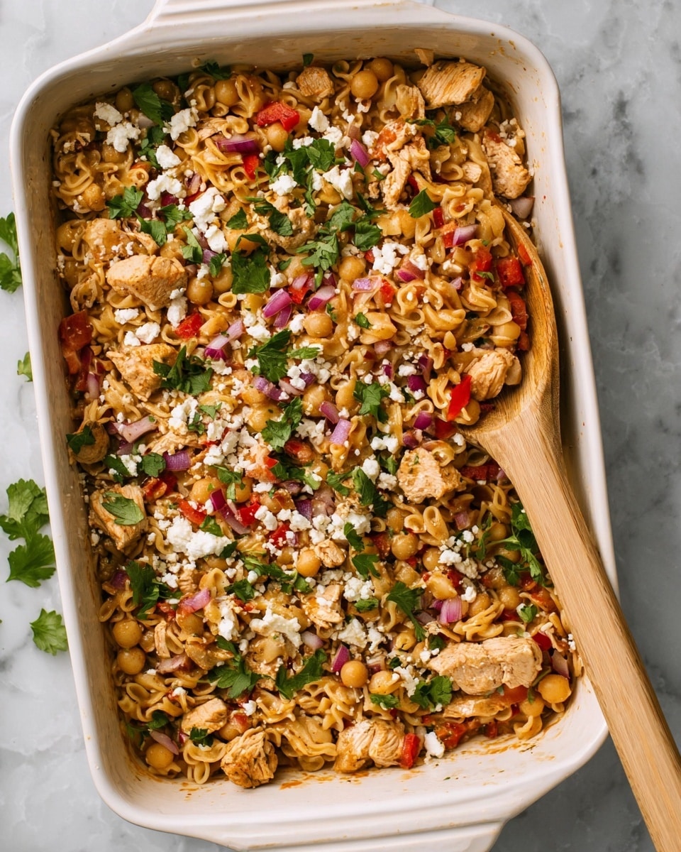 The image shows a white baking dish filled with a mixed pasta and chicken dish. There are several layers visible: the base layer includes short pasta pieces in a yellowish tone, mixed evenly with small light brown chickpeas. On top of this is a mix of small chicken pieces that are light brown and tender looking, scattered among diced red bell peppers and red onions, adding pops of red and purple. The whole dish is sprinkled with crumbly white cheese and topped with fresh green parsley leaves, adding bright green accents. A wooden spoon is placed inside the dish on the right side, resting against the edge. The background surface is a white marbled texture. Photo taken with an iphone --ar 4:5 --v 7
