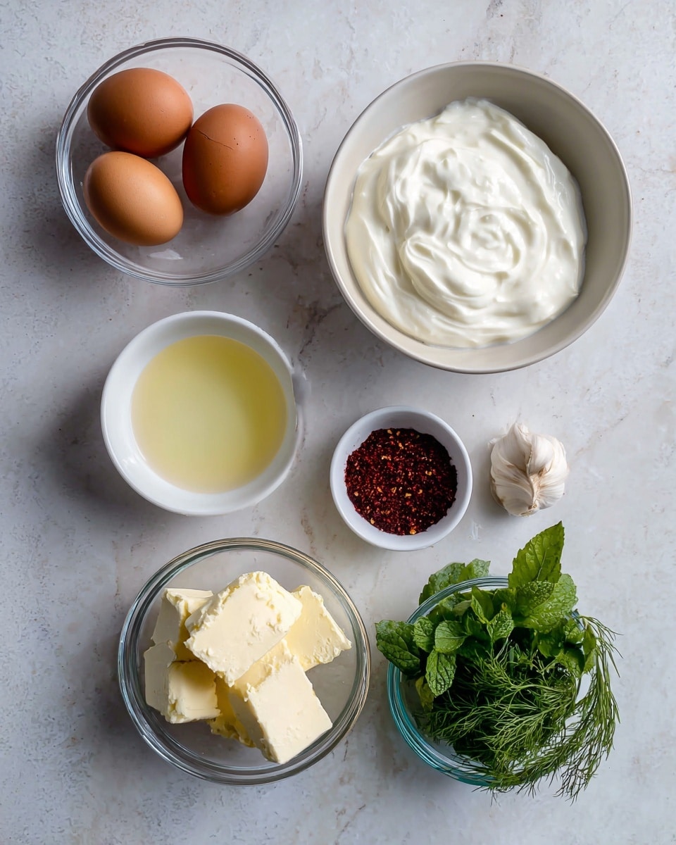 The image shows several ingredients placed neatly on a white marbled surface. There are two brown eggs in a clear glass bowl at the top left and a larger white bowl filled with thick white yogurt at the top right. Below the eggs is a small white bowl with light yellow liquid, and next to it, a small white bowl contains red and dark red spices. Below these bowls, a clear glass bowl holds several chunks of pale yellow butter. To the right side, a small clear bowl contains fresh green herbs, including mint and dill, and a single garlic clove lies between the yogurt and herb bowls. Photo taken with an iphone --ar 4:5 --v 7