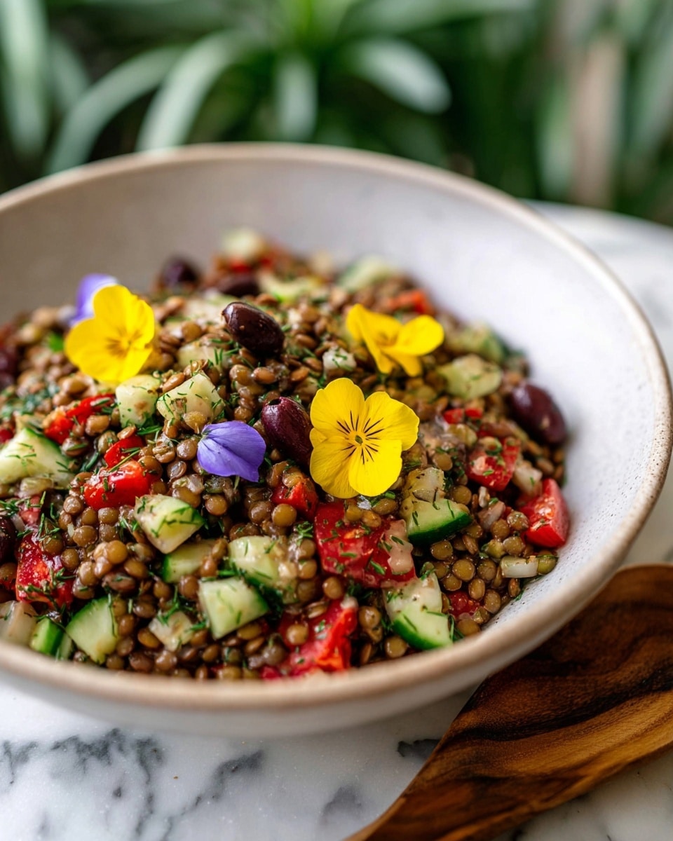 A close-up of a single-layer lentil salad in a large white bowl, filled with small brown lentils mixed with chopped green cucumber pieces, red tomato chunks, and dark purple olives, all tossed together with visible herbs and spices. Bright yellow edible flowers are placed on top for decoration. The bowl sits on a white marbled surface, with a wooden spoon partially visible at the bottom right. The background is softly blurred, showing green plants. photo taken with an iphone --ar 4:5 --v 7
