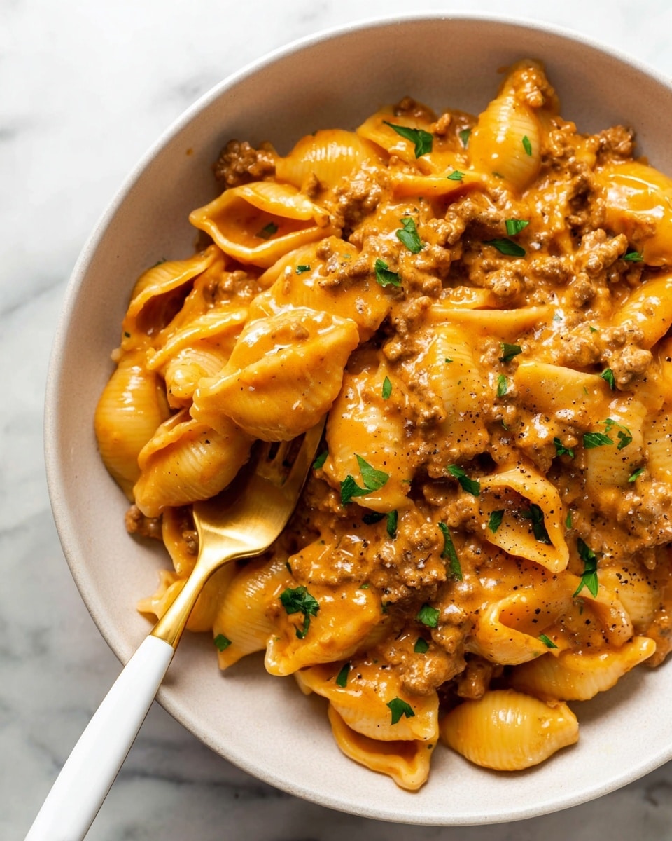 A white bowl filled with creamy pasta shells covered in a thick, orange-colored sauce mixed with small pieces of cooked ground meat. The pasta is soft and slightly shiny, coated evenly by the sauce which has a smooth texture with tiny specks of seasoning. Small green parsley bits are sprinkled on top for color contrast. A gold and white fork is placed inside the bowl, partially lifting some pasta and meat. The bowl sits on a white marbled surface. photo taken with an iphone --ar 4:5 --v 7