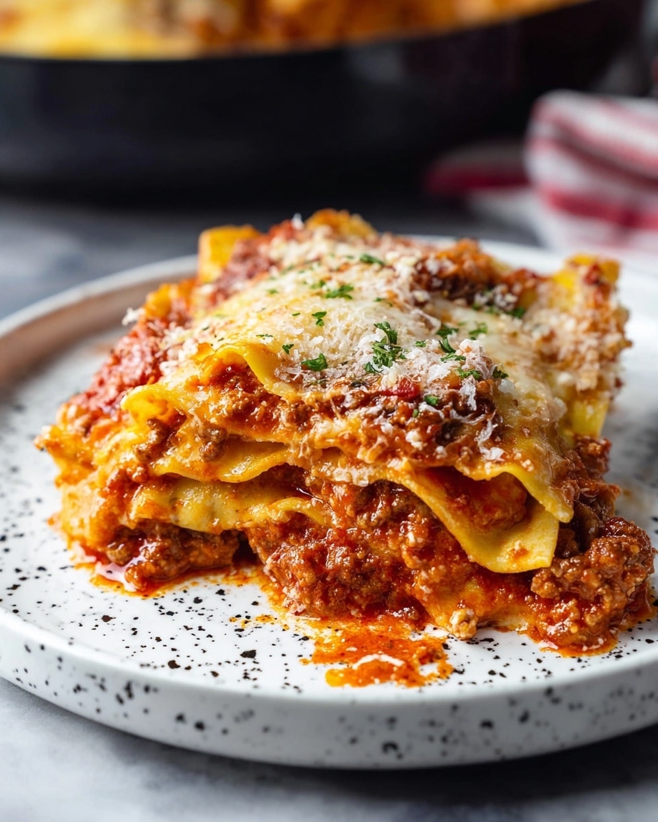 A close-up of a piece of lasagna on a white plate with black speckles, showing about five layers of soft, slightly curly pasta sheets soaked with red tomato meat sauce mixed with ground meat and topped with melted, light yellow cheese sprinkled with white grated cheese and green herbs. The lasagna looks moist with sauce slightly oozing out, and the background is a dark out-of-focus kitchen scene with another white speckled plate partially visible. Photo taken with an iphone --ar 4:5 --v 7