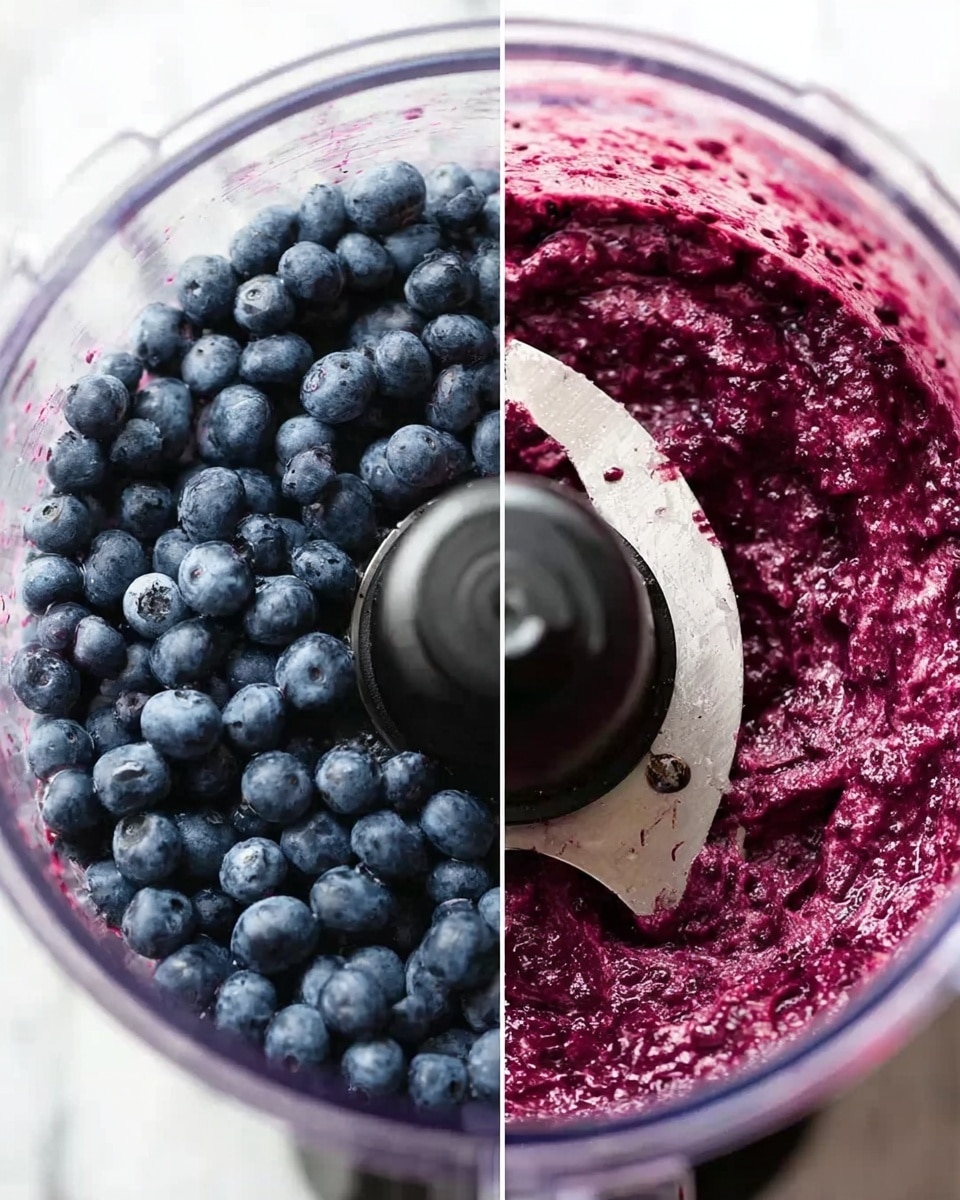 The image shows two close-up views of a clear food processor bowl sitting on a white marbled surface. On the left side, the bowl is filled with whole blueberries that are dark blue and purple, sitting around the sharp metal blades in the center. On the right side, the blueberries have been blended into a thick, chunky purple purée with bits of fruit still visible, coating the metal blades, which are the same sharp silver color as before. The lighting highlights the glossy and wet texture of the blueberries and purée. photo taken with an iphone --ar 4:5 --v 7