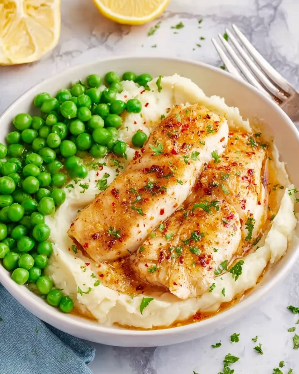 The image shows a white shallow bowl filled with food layered carefully. The base layer is a creamy white mashed potato spread thickly and smoothly, topped with two golden-brown cooked fish fillets placed side by side. The fish has a slightly crispy texture with visible herbs and red pepper flakes sprinkled on top. To one side of the bowl, there is a pile of bright green peas, adding a fresh pop of color. Garnishes of finely chopped herbs are scattered lightly over the whole dish. The bowl sits on a white marbled surface with a fork lying nearby, and part of a sliced lemon is visible in the background. Photo taken with an iphone --ar 4:5 --v 7