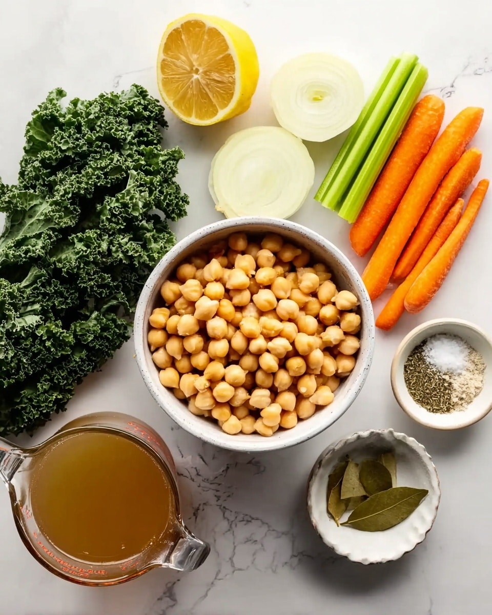 A white bowl filled with light yellow chickpeas sits in the center on a white marbled surface. Above the bowl, there is a yellow half lemon and two white onion halves spaced apart, with three bright orange carrots and three green celery sticks aligned horizontally. On the left side, there is a bunch of dark green curly kale. To the right, there are two small white bowls, one with salt and herbs and the other with two bay leaves. At the bottom left, there is a clear glass measuring cup filled with light brown liquid. Photo taken with an iphone --ar 4:5 --v 7