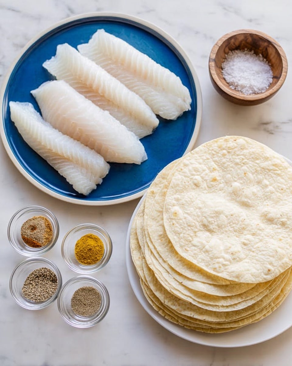 The image shows a white plate on the right stacked with many soft, pale yellow corn tortillas in a neat pile. On the left, there is a white marbled surface with a blue plate holding five pieces of raw white fish fillets neatly arranged side by side. Below the tortilla plate, there are three small clear glass bowls in a row, each containing different spices in varying shades of brown and yellow, along with a small wooden bowl holding a mix of salt and black pepper. The surface beneath everything is a white marbled texture. photo taken with an iphone --ar 4:5 --v 7