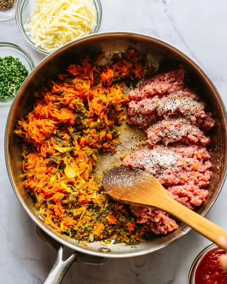 The image shows a metal pan with two main layers of food inside. On the left side, there is a cooked mix of finely chopped orange carrots and green herbs, creating a colorful, textured layer. On the right side, there is raw pink ground meat topped with a sprinkle of black pepper and some white granules that look like salt. A wooden spoon is stirring the meat slightly on the right side. The pan sits on a white marbled surface, and there are small clear bowls with white shredded cheese and a red sauce placed around it. A woman's hand is also holding the wooden spoon. Photo taken with an iphone --ar 4:5 --v 7