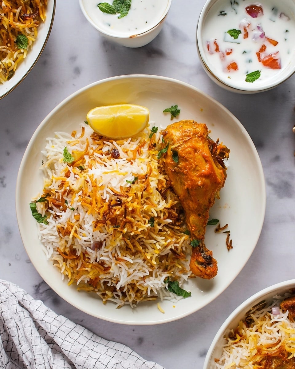 A white round plate holds a serving of biryani with three main parts: a pile of mixed white and orange spiced rice on the left, a marinated chicken drumstick with orange sauce placed on the right, and a dollop of white yogurt sauce with visible small green herbs and red tomato bits near the top right. A wedge of lemon with bright yellow peel sits near the top left side of the plate. Small green garnish leaves are scattered on the rice. Around the plate, there is a white marbled surface with additional white bowls partially visible, one containing more yogurt sauce with vegetable bits and another holding more biryani rice with browned fried onion pieces. A woman's hand is seen near the bottom left corner, resting on a white cloth with a grey checkered pattern. photo taken with an iphone --ar 4:5 --v 7