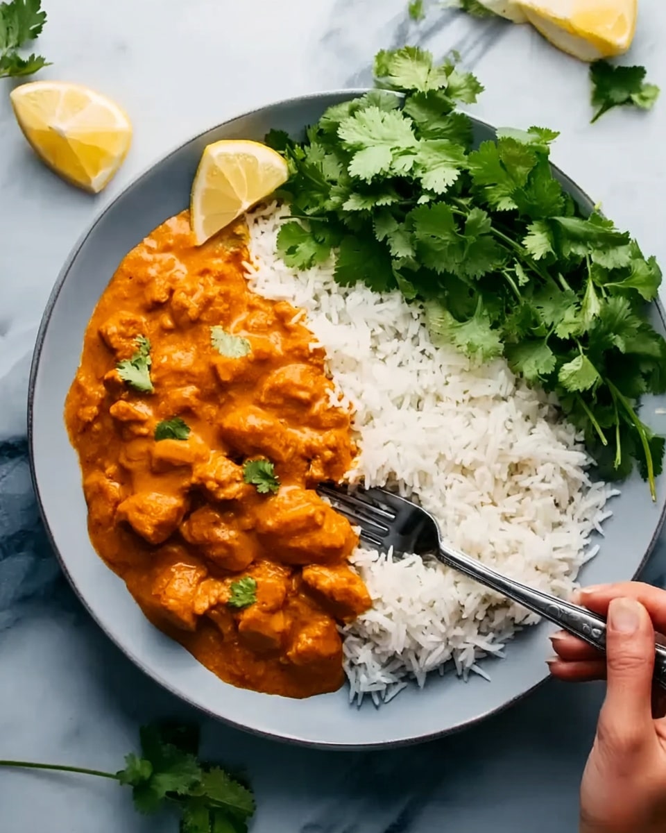 A white plate holds a serving of white rice spread in a semicircle on one side, with a thick orange curry loaded with small, tender-looking chunks of meat layered thickly beside it. On the right edge of the plate, next to the curry, there is a fresh bunch of green cilantro leaves and a lemon wedge. A woman's hand is holding a fork resting over the curry. The plate sits on a white marbled surface with some scattered cilantro leaves and extra lemon wedges nearby in the soft light. photo taken with an iphone --ar 4:5 --v 7