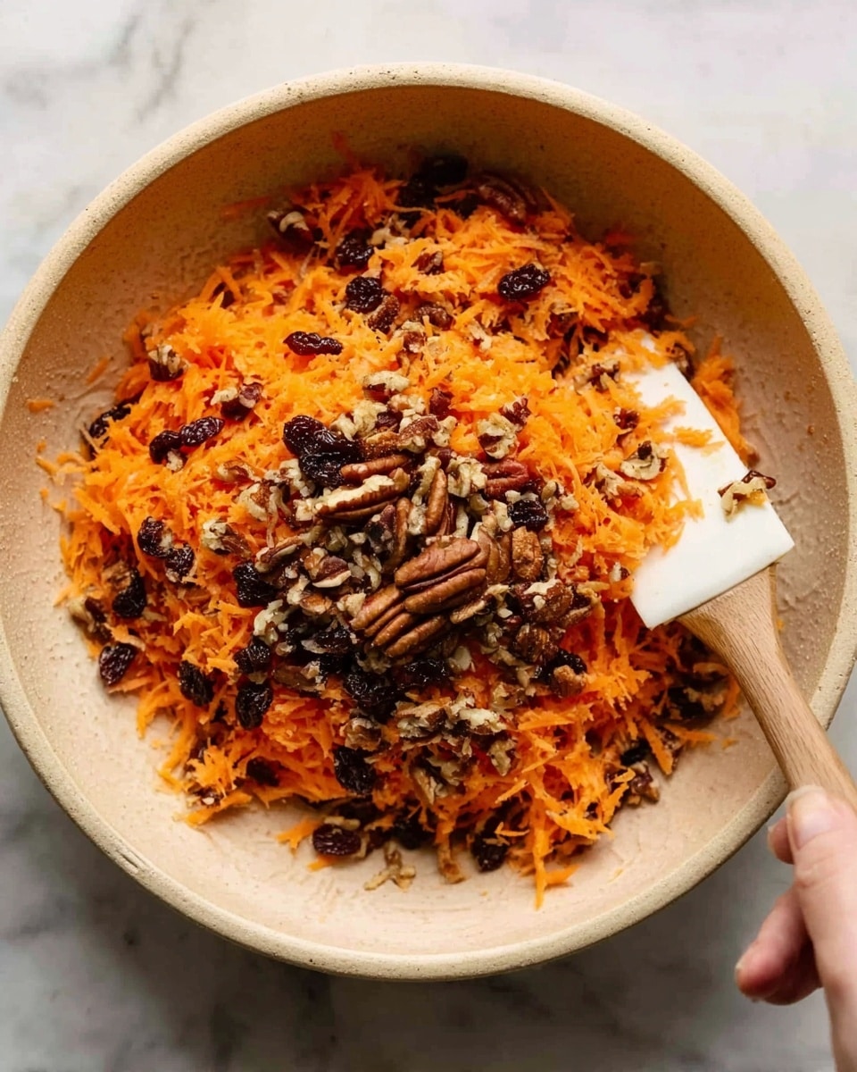 The image shows a beige bowl filled with a mix of shredded orange carrots, dark raisins, and broken pieces of brown pecans. The ingredients are layered with the shredded carrots covering most of the bowl, the pecans scattered on one side, and raisins sprinkled mainly in the center and over the pecans. A woman’s hand holds a white spatula with a light wooden handle, partly inside the bowl, lifting some of the mixture. The bowl sits on a white marbled surface. photo taken with an iphone --ar 4:5 --v 7