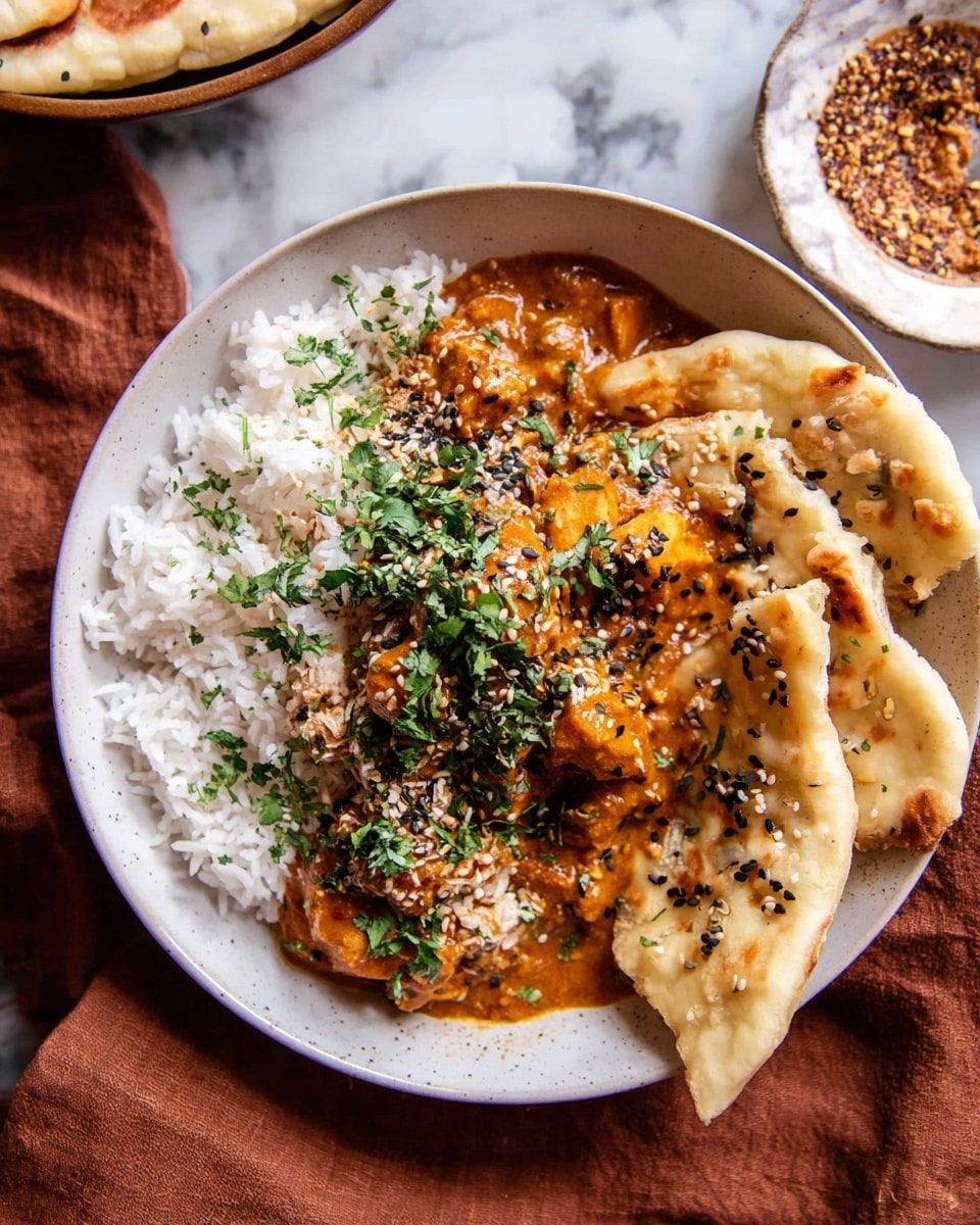 A white bowl holds three main layers: fluffy white rice on the left, a rich orange curry with tender chunks over the rice in the middle, and soft, lightly browned naan bread pieces on the right edge. The curry is topped with a green sprinkle of chopped herbs and small bits of dark, crunchy seeds with white sesame seeds mixed in. The bowl rests on a white marbled surface with a warm brown cloth nearby, and a small white plate with a brown sauce and spices is visible in the top right corner. photo taken with an iphone --ar 4:5 --v 7