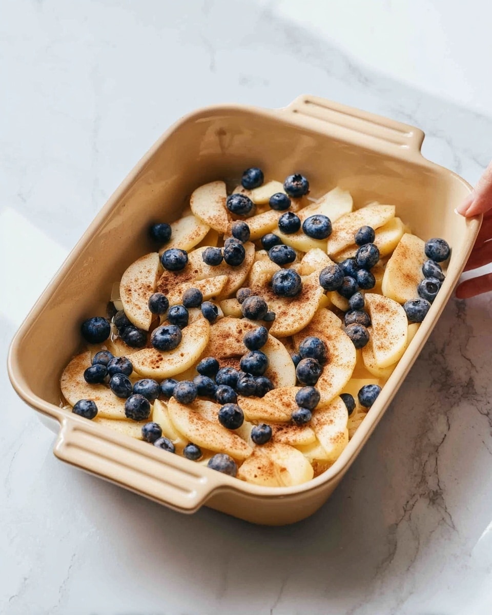 A light brown rectangular baking dish sits on a white marbled surface holding a layered fruit mix. The bottom layer is made of sliced apples arranged flat, pale yellow with a slight shine. Scattered on top of the apples are whole blueberries, dark blue and round. The fruit is sprinkled evenly with a fine dusting of cinnamon, giving small brown specks over the light-colored fruit. The dish has two handles on the sides with a woman’s hand holding one side gently. The whole scene is bright with natural light. photo taken with an iphone --ar 4:5 --v 7
