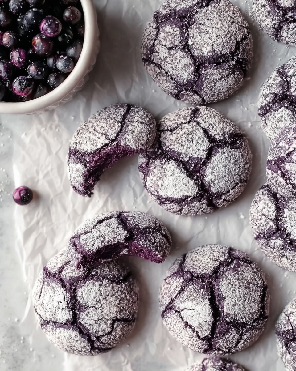 The image shows several round cookies on a white marbled surface lined with white parchment paper. Each cookie has a dark purple color with cracks that reveal a soft inside. The cookies are covered with a dusting of white powdered sugar that highlights the cracks and gives a snowy look. One cookie near the center is slightly bitten, showing a soft purple inside. There is a white bowl filled with dark purple berries in the top left corner. photo taken with an iphone --ar 4:5 --v 7